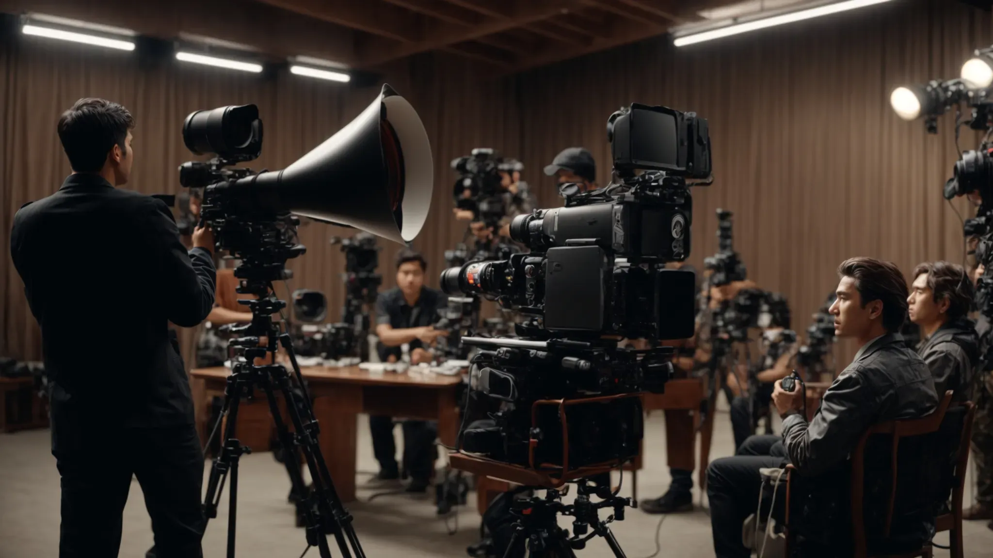 a director sits in a chair with a megaphone, flanked by actors in costume on one side and a film crew with cameras and microphones on the other, against the backdrop of a film set and a documentary shooting scene.