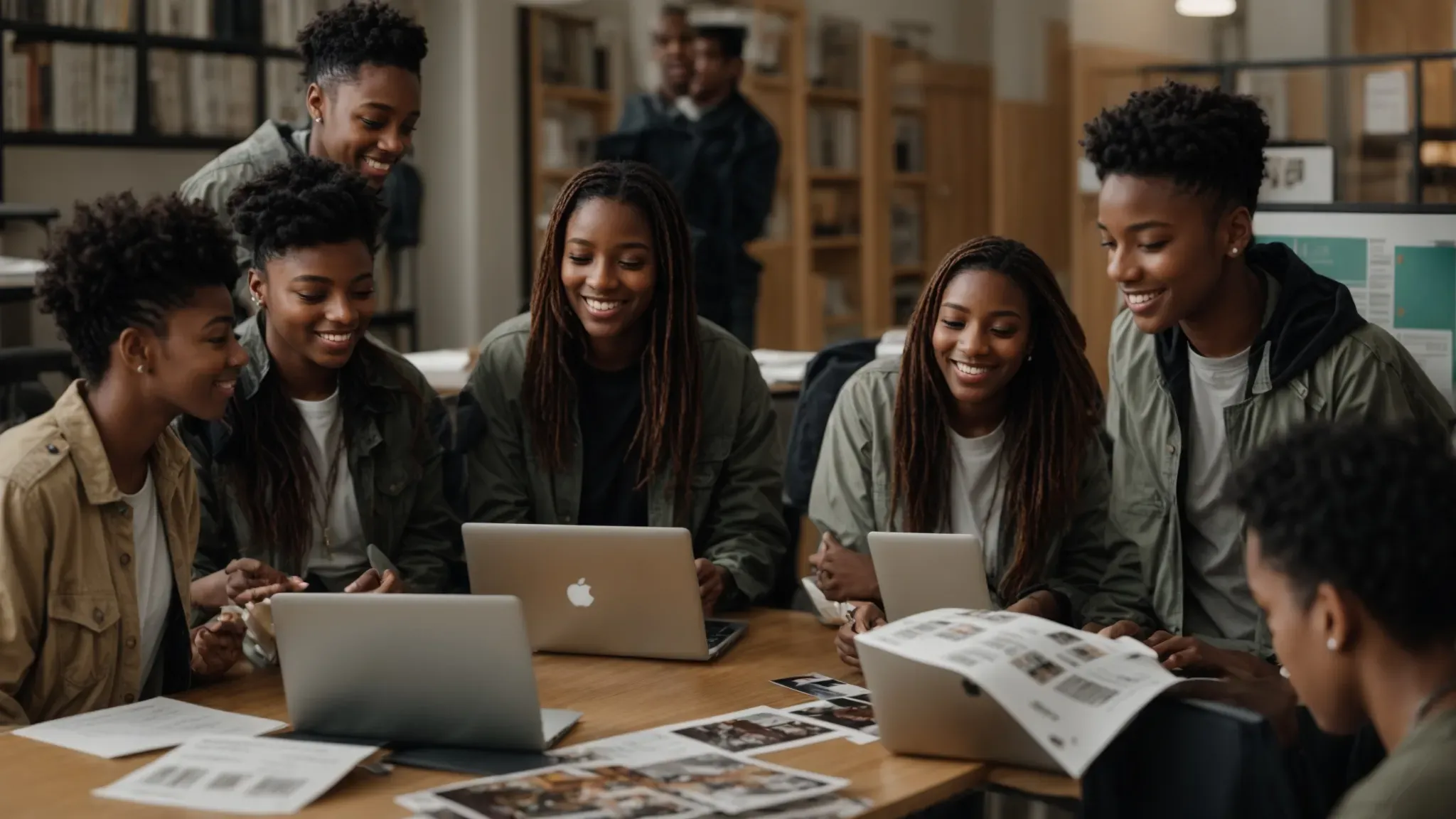 a diverse group of students excitedly discuss around a table covered with brochures and a laptop displaying a film school website.