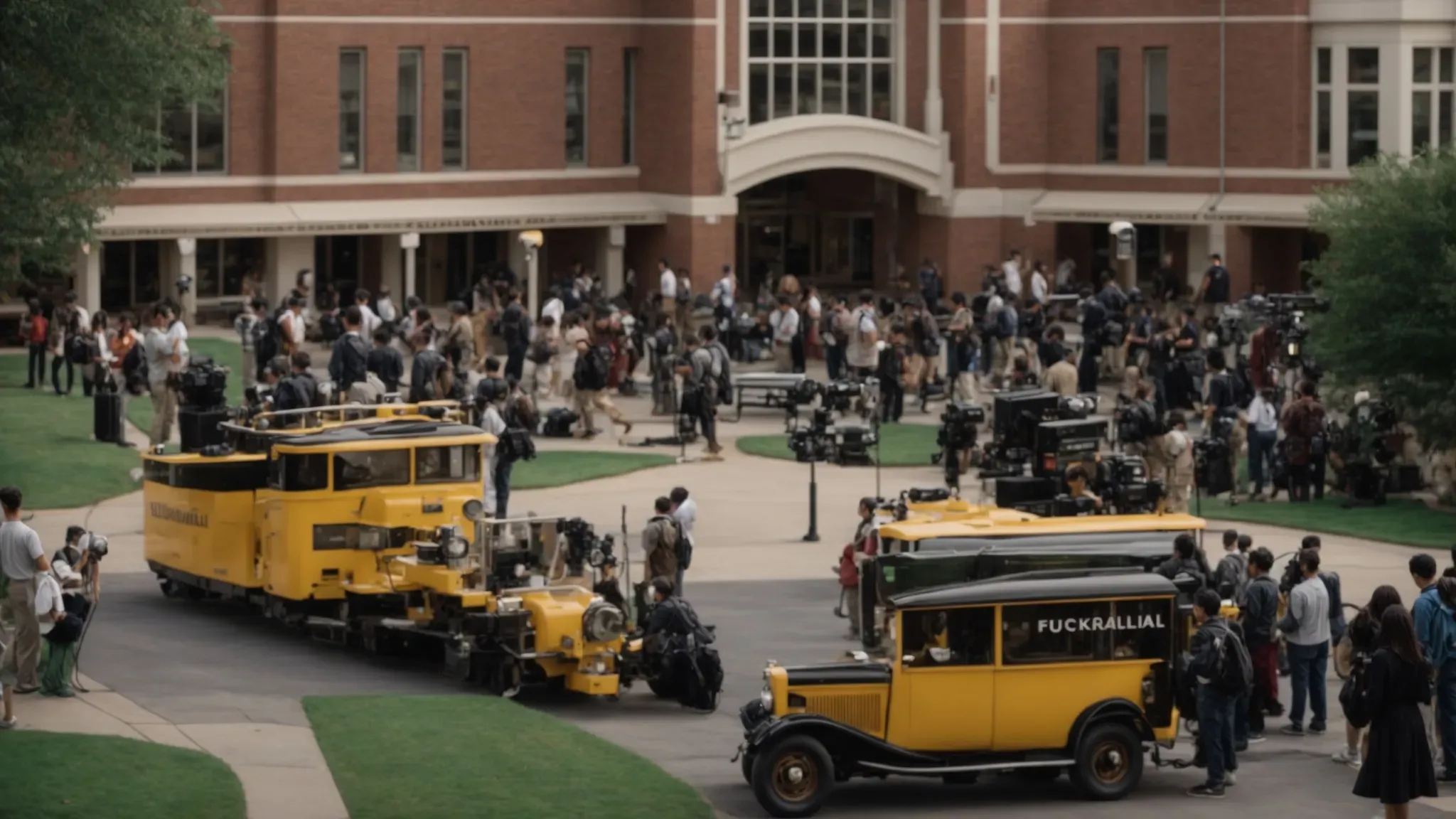 a bustling film set on a college campus, with students working around professional-grade camera equipment.
