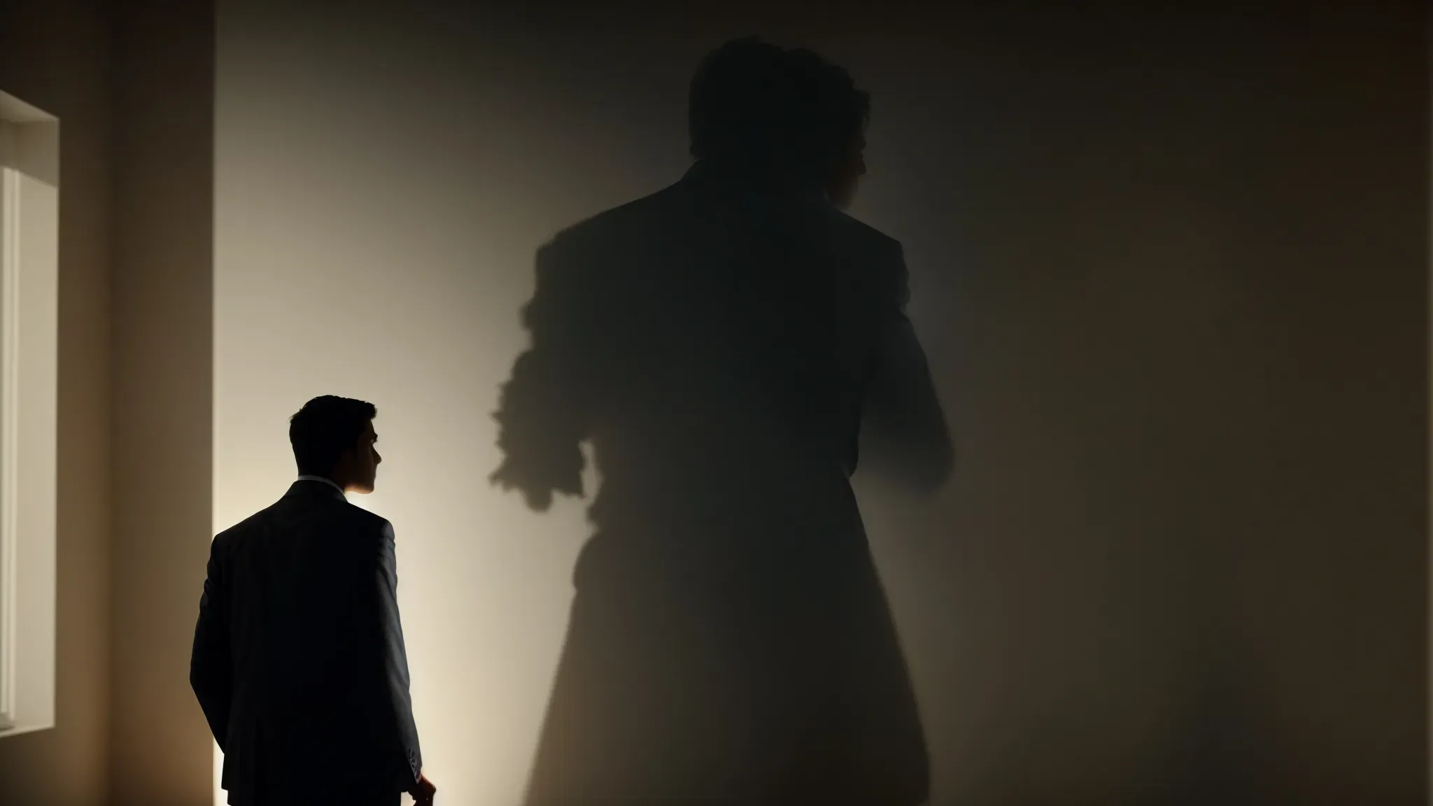 a shadowy figure stands tall, backlit by a dim light, exuding an intimidating aura in an empty room.