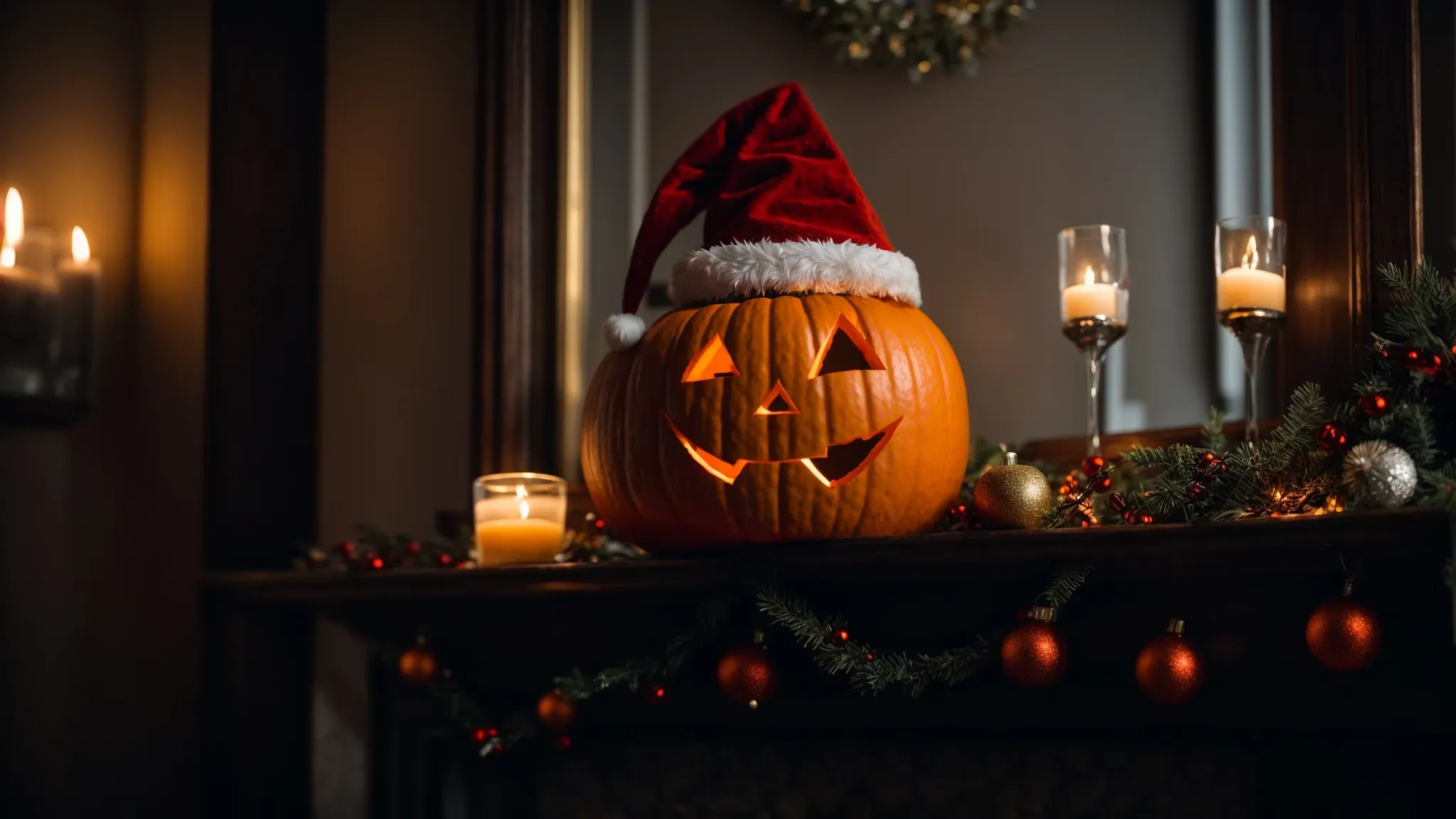 a grinning jack-o'-lantern wearing a santa hat sits perched on a frost-touched mantel, framed by dimly lit holiday decorations in a room that whispers both merriment and mischief.