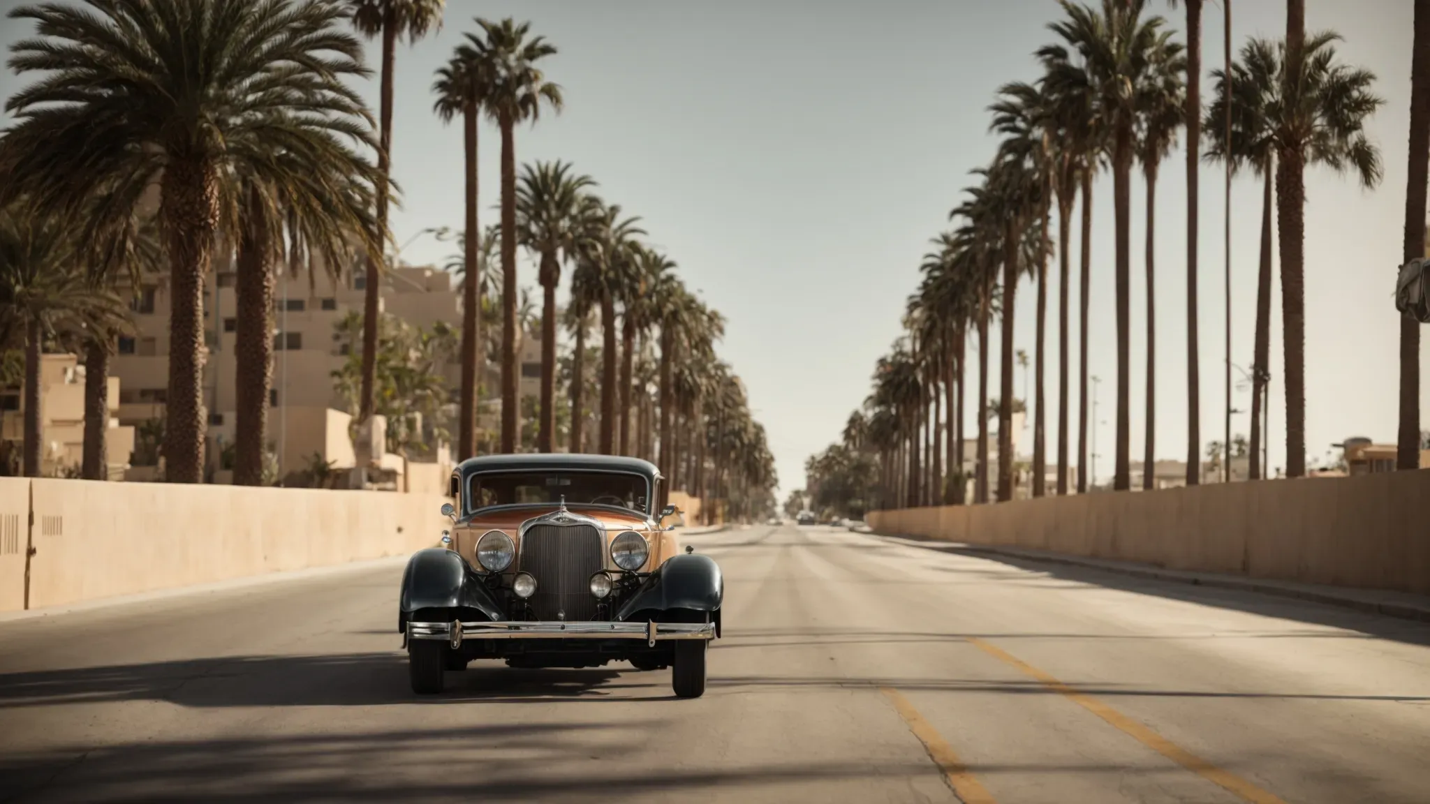a vintage car drives down a deserted los angeles street shadowed by palm trees, under the vast, clear 1930s sky.