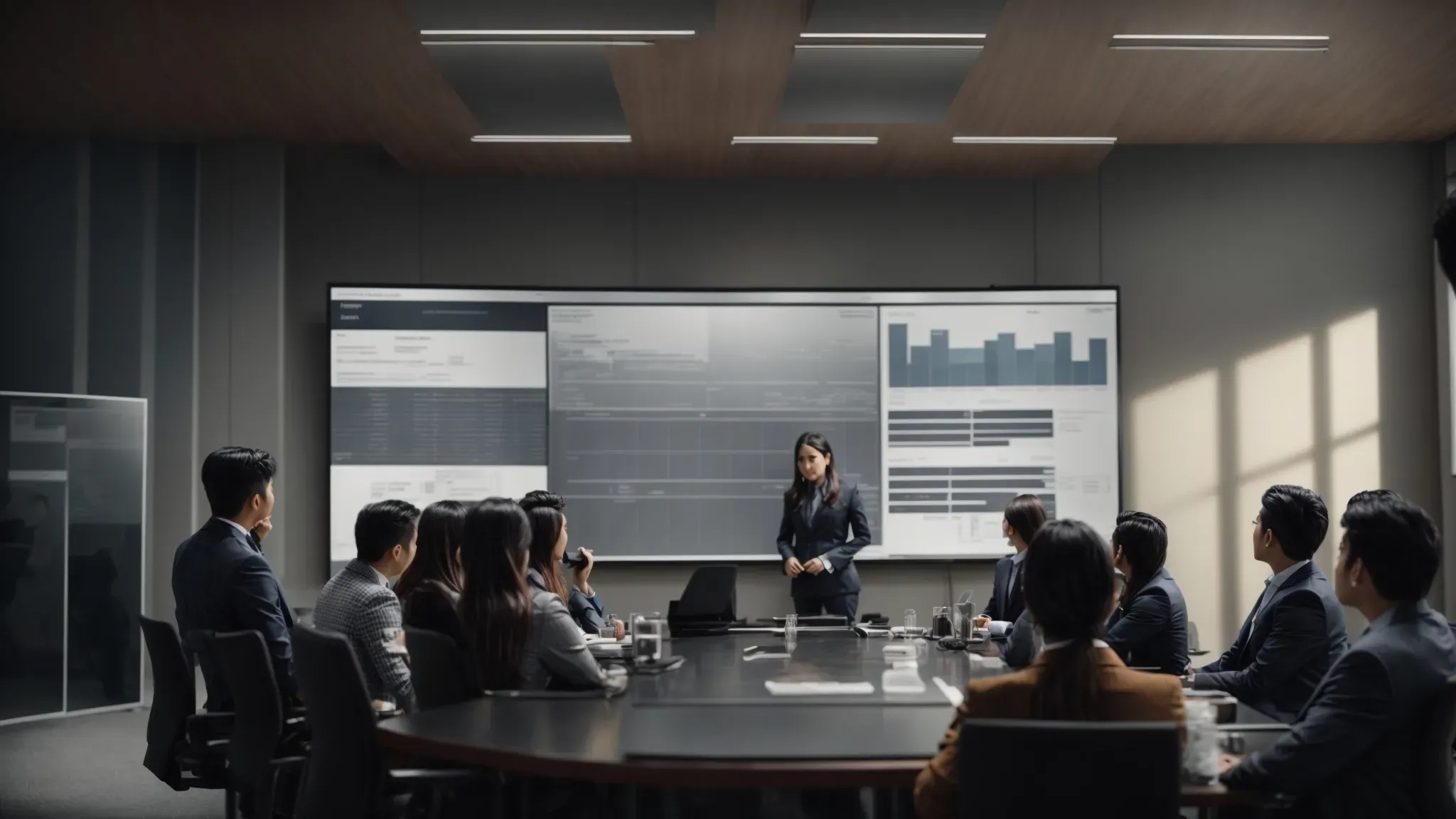 a team member presents on a large screen to colleagues in a meeting room, showcasing software interface options for production management improvement.