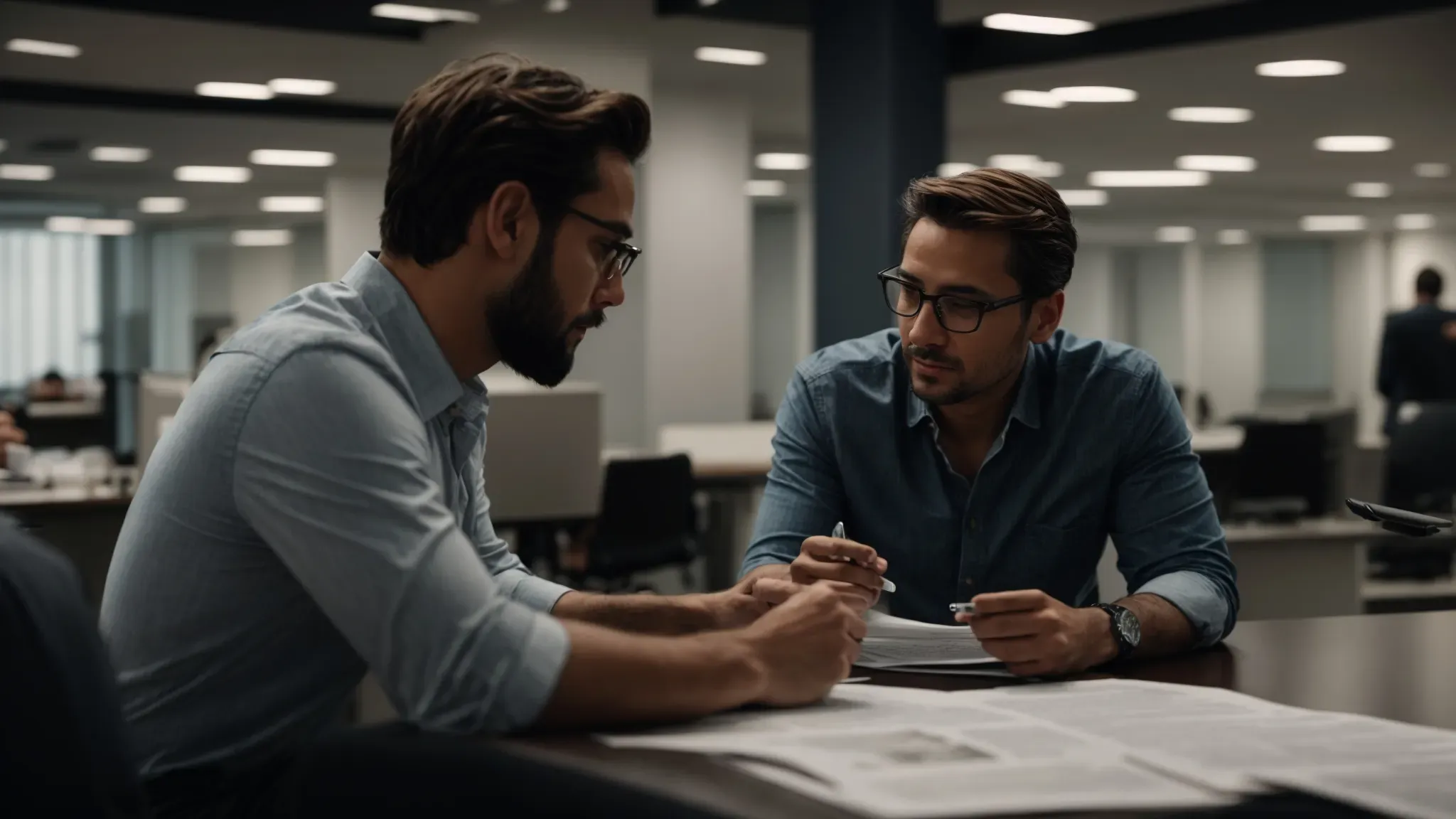 a film director and client discuss plans over a storyboard in a modern office.