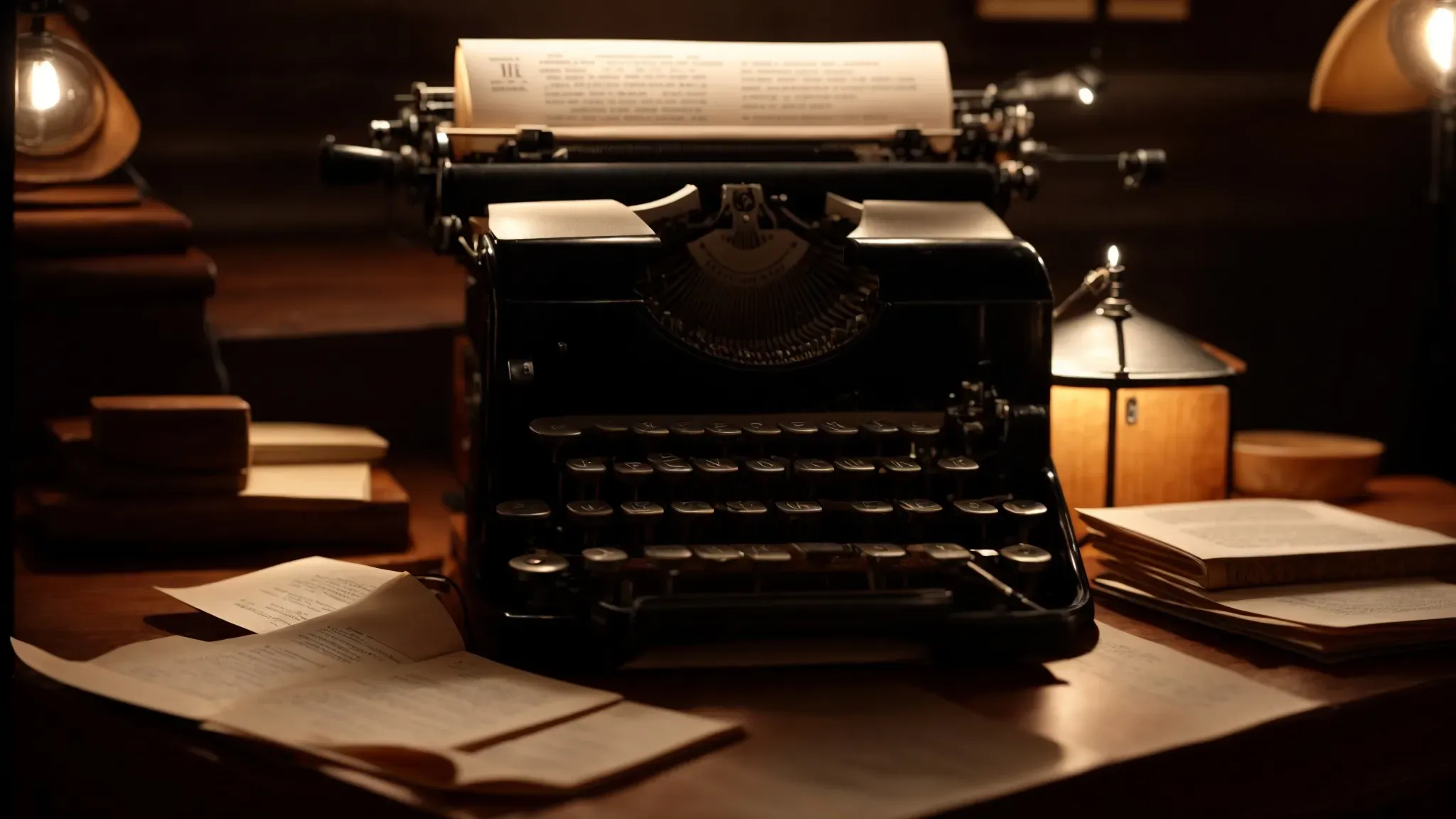 a stack of script pages sits beside a vintage typewriter on a wooden desk, illuminated by a small lamp in a dimly lit room.