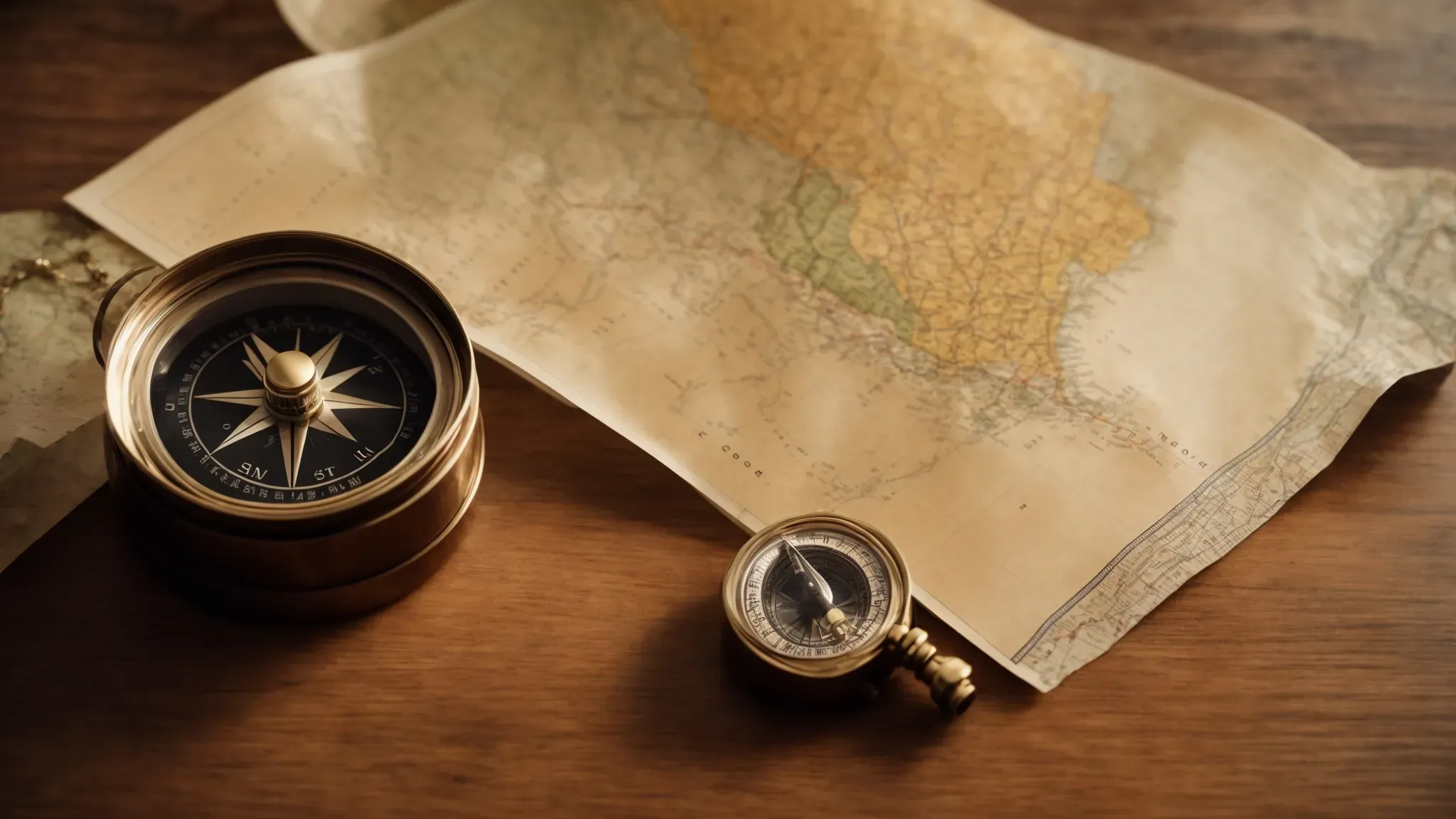 a compass, map, and globe on a wooden table, indicating navigation through the journey of investment.