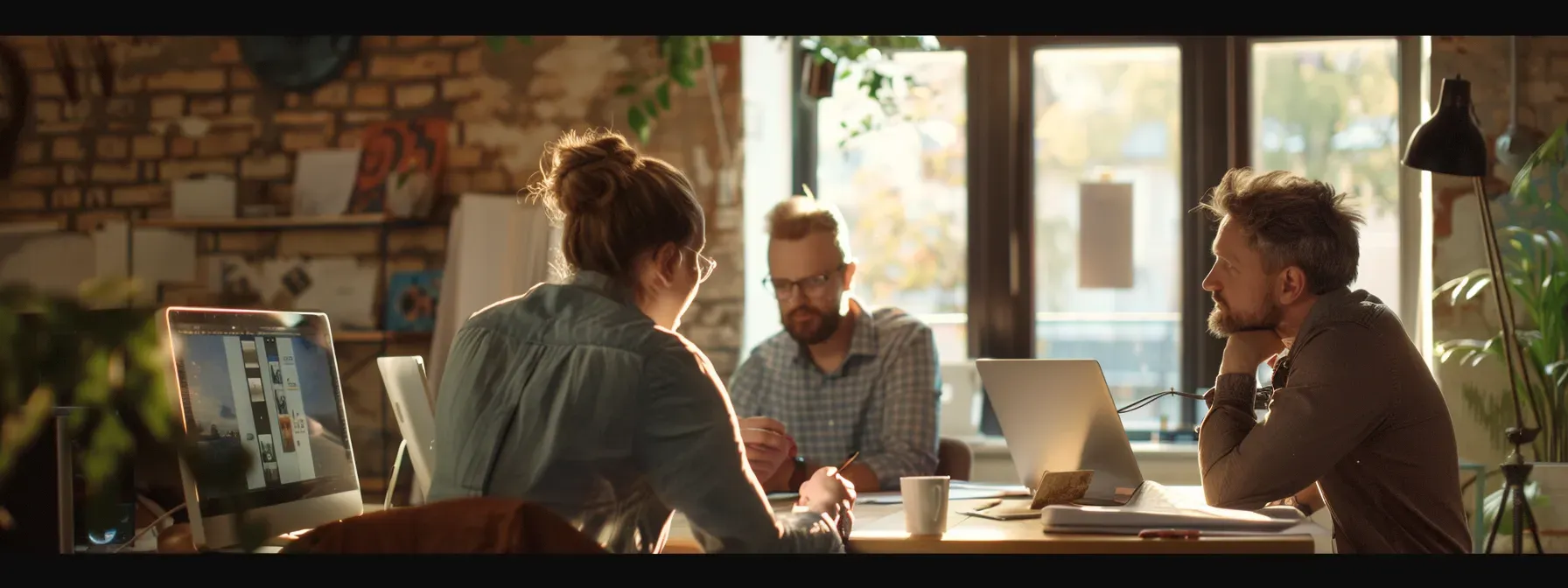 a video production team brainstorming ideas and strategizing how to deliver exceptional service for their commercial projects.