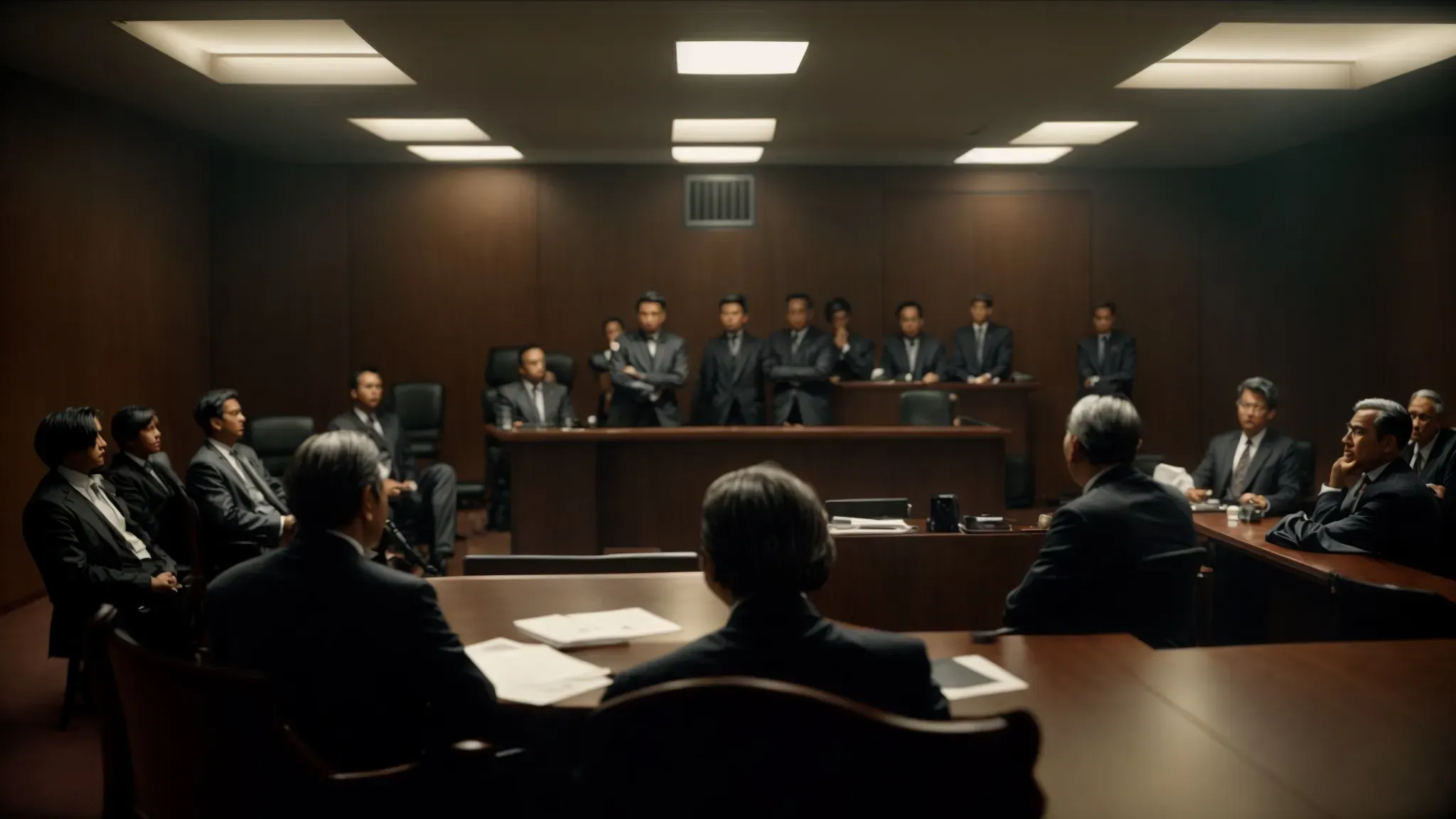 a small, dimly lit jury room filled with tension as a group of figures intensely debates a case.