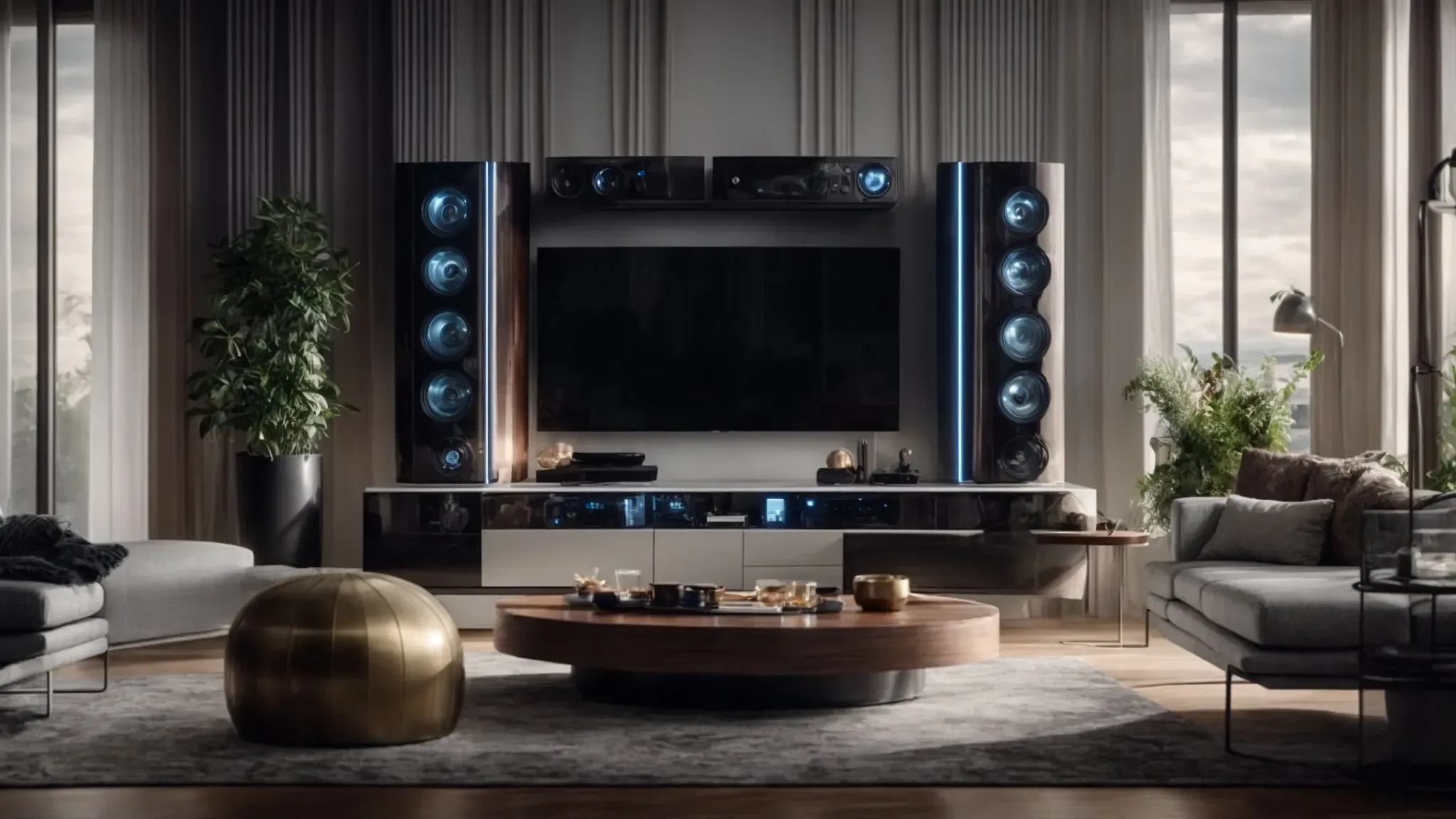a vast array of futuristic devices simultaneously streaming high-definition content in a seamlessly connected smart home environment.