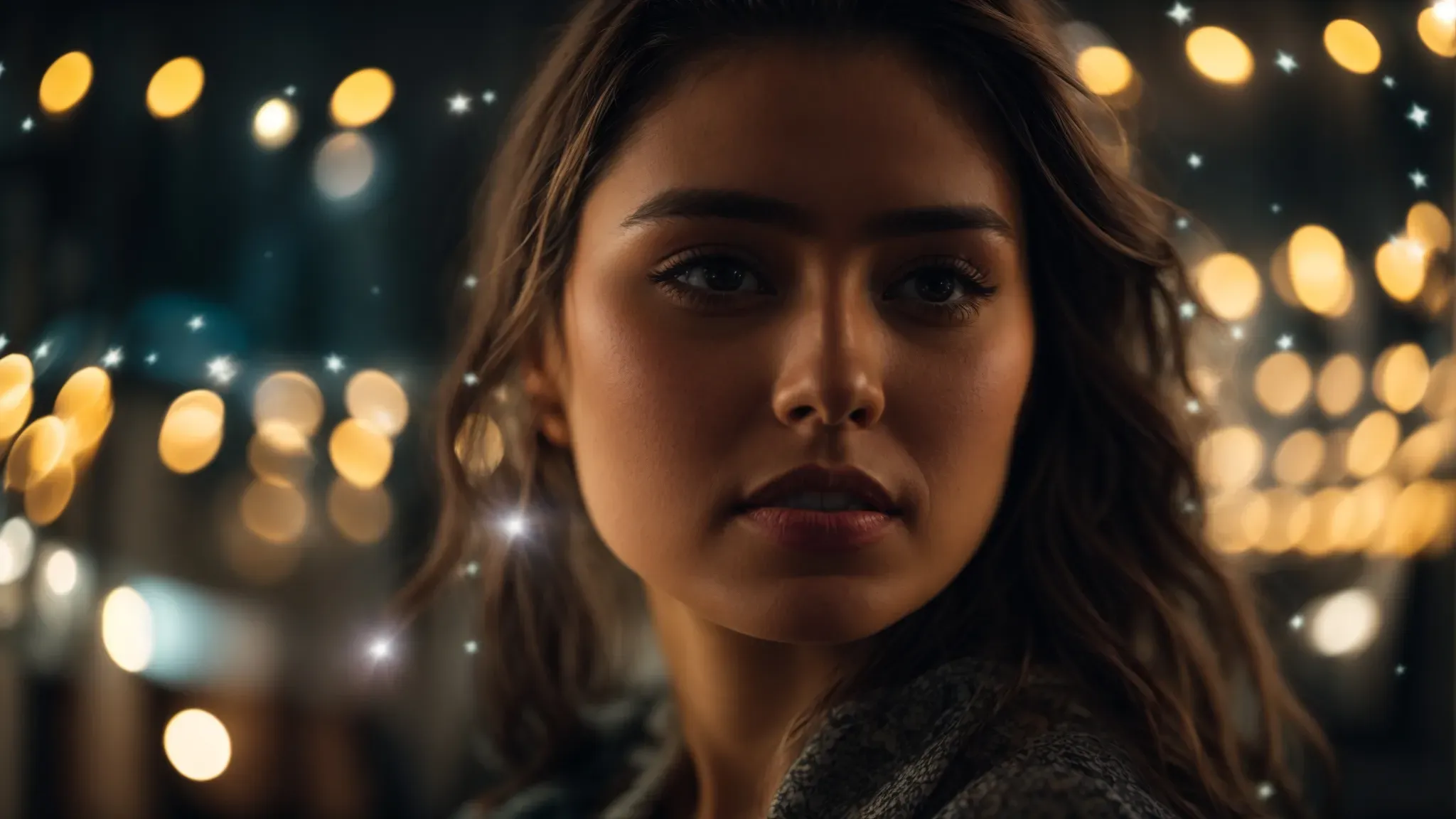a soft-focus portrait of a person with twinkling lights blurred beautifully in the background.