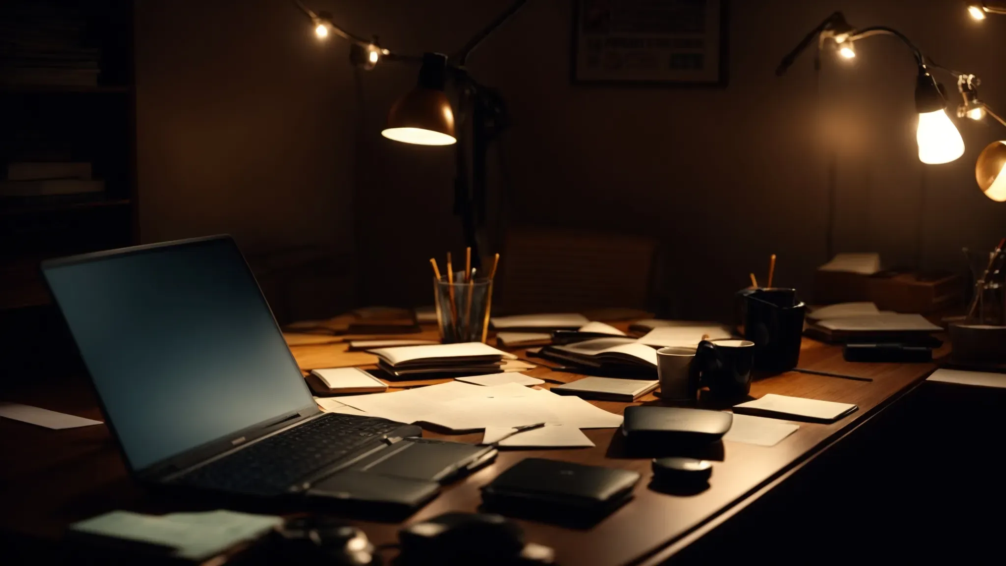 a dimly lit writer's room with scattered notes and a glowing laptop, hinting at the birth of a movie idea.