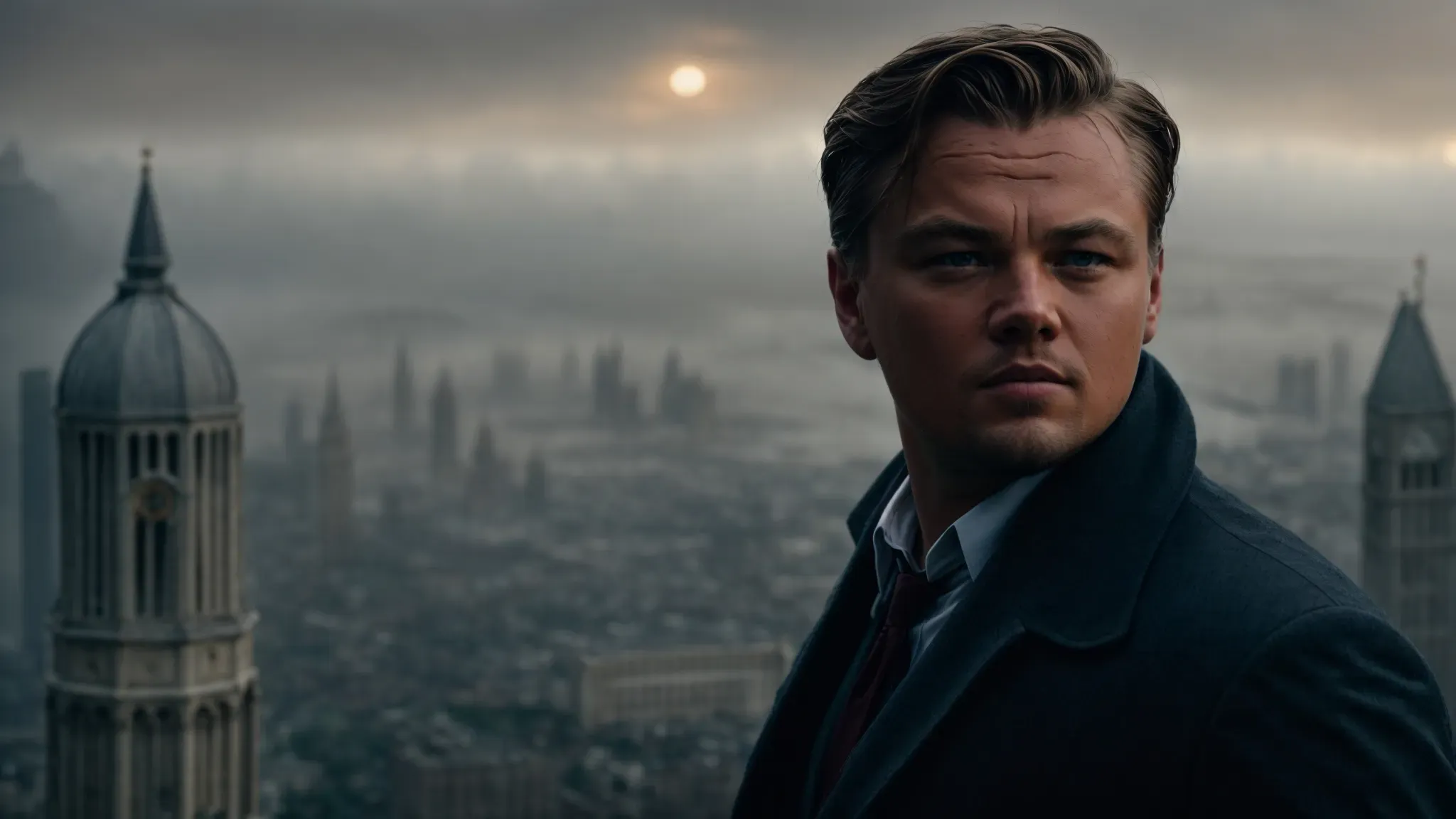 leonardo dicaprio's intense gaze pierces through the foggy atmosphere of a somber, gothic setting reminiscent of 'shutter island,' with a dream-like cityscape blurred in the background suggesting the complex worlds of 'inception.'