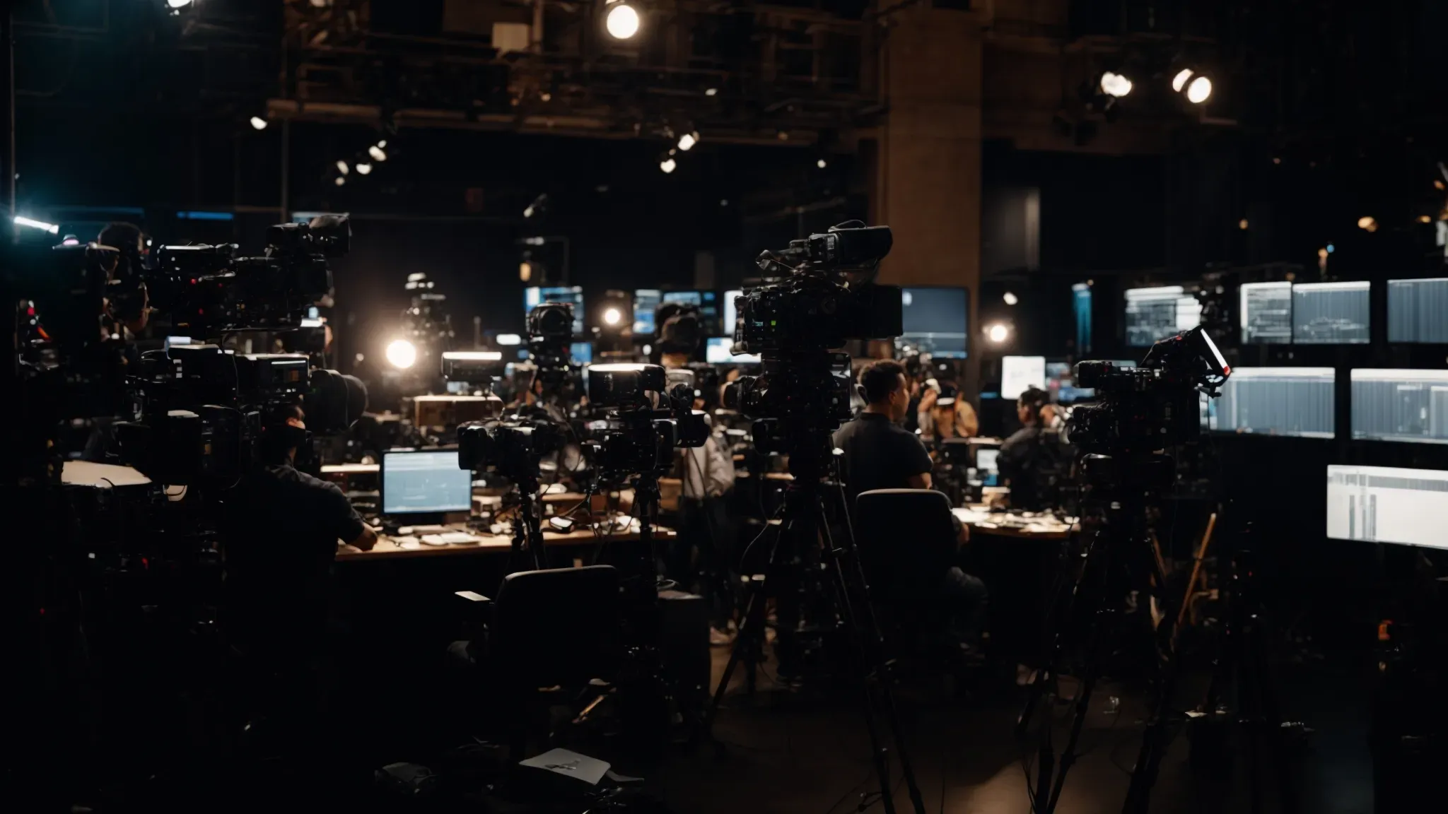 a producer stands in a bustling tv studio, overlooking the harmonious chaos of lights, cameras, and crew at work.