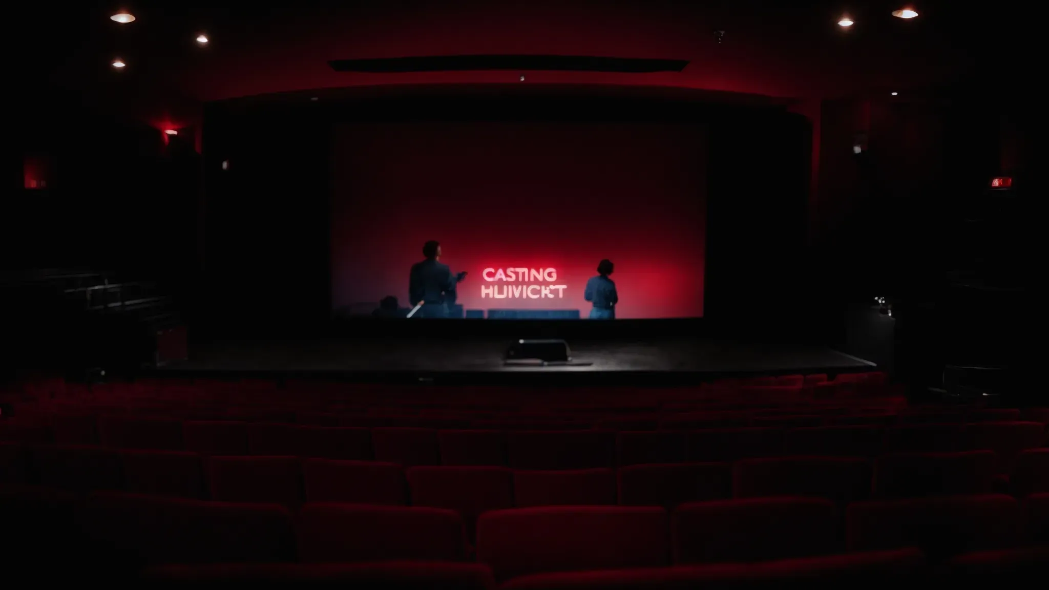 a dimly lit movie theater auditorium, with a large screen showcasing the title of a premiere film, casting a glow on empty plush red seats awaiting an audience.