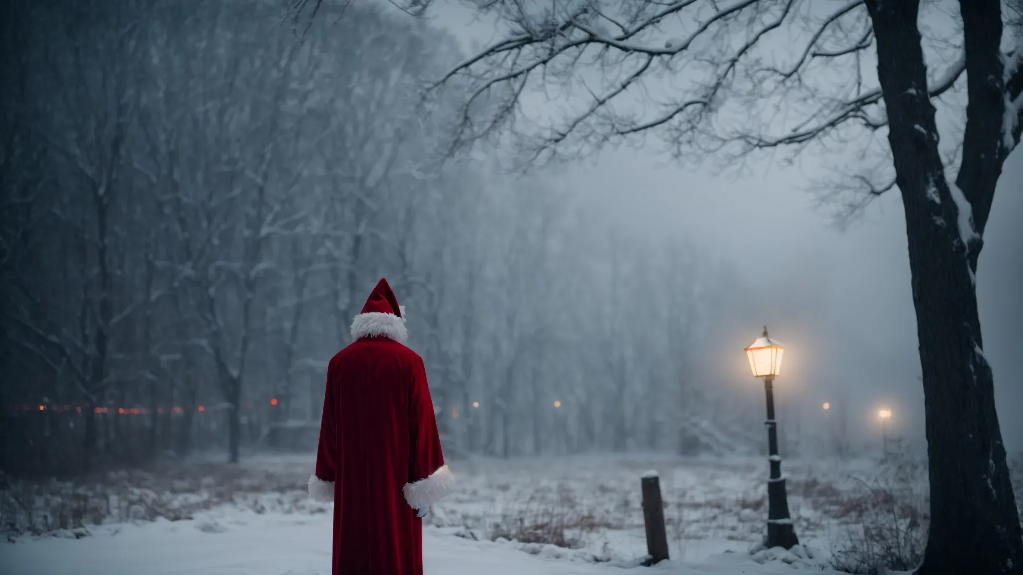 a spooky figure in a santa costume looms over a snowy landscape, with a faint glow of christmas lights in the background.