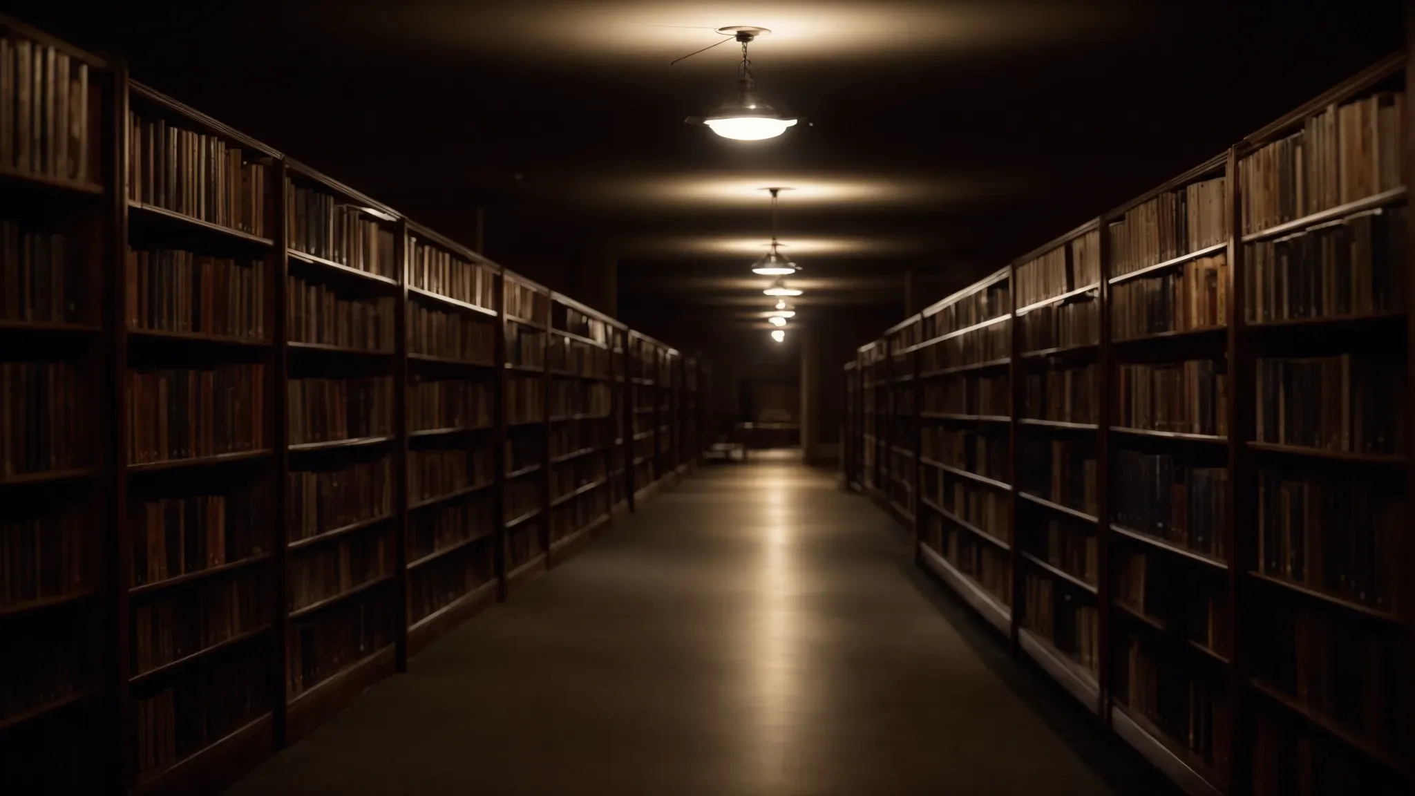 a dimly lit, dusty library aisle transforms into a shadowy, eerie corridor as the clock strikes midnight, hinting at the unseen horrors lurking in the stories within.