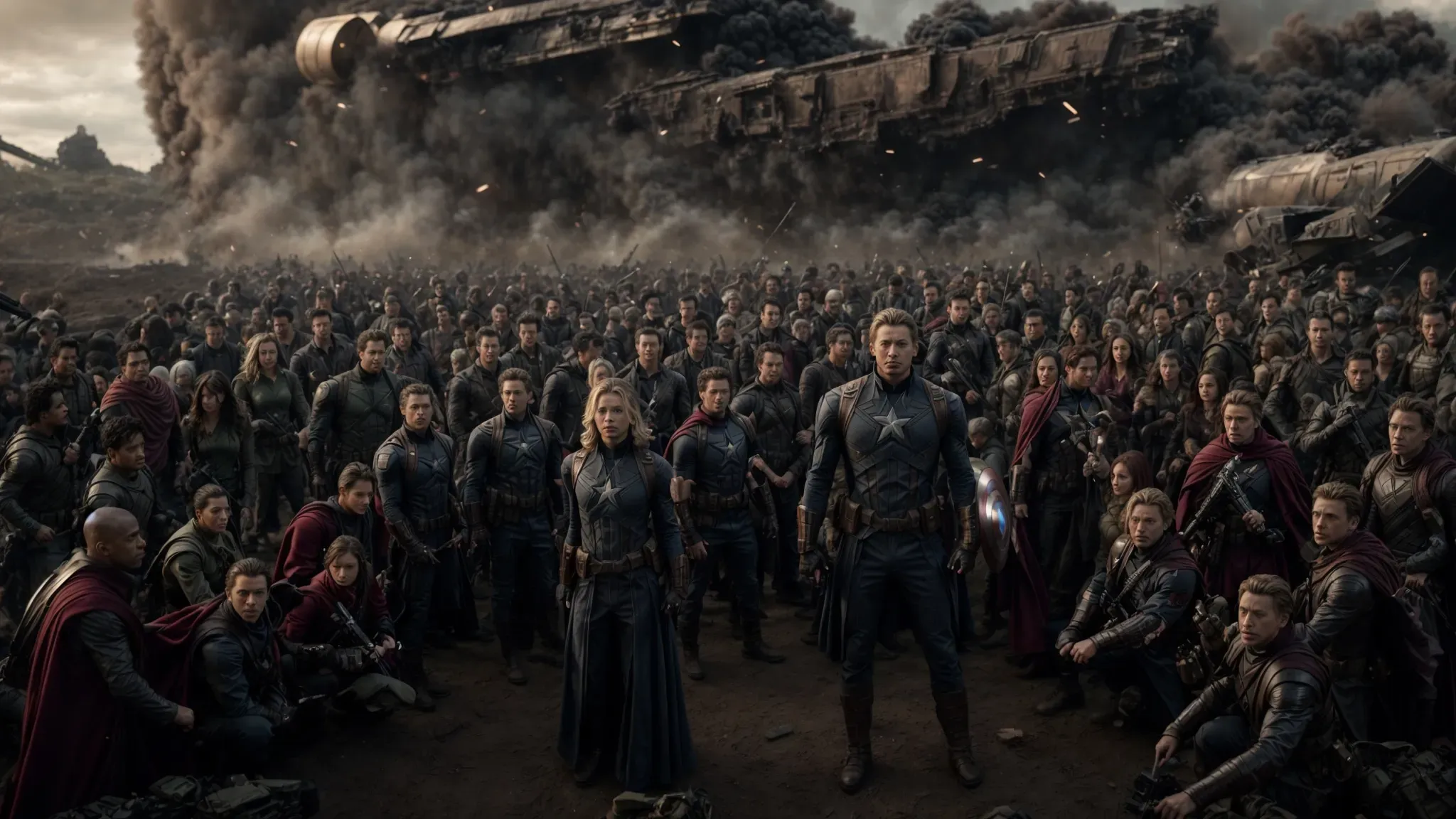 a vast, star-studded ensemble cast amid an epic battle scene, symbolizing the financial and cinematic enormity of 