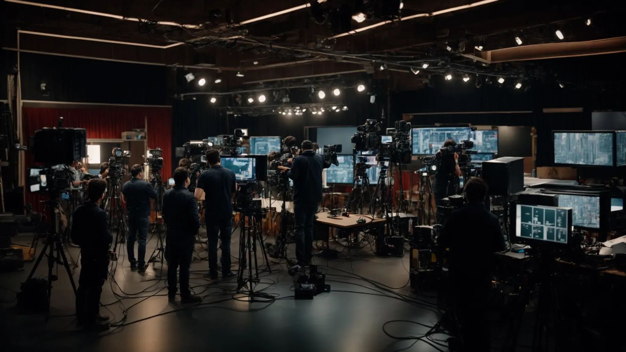 a bustling tv studio filled with crew members adjusting cameras, lights, and set pieces under a canopy of cables and screens.