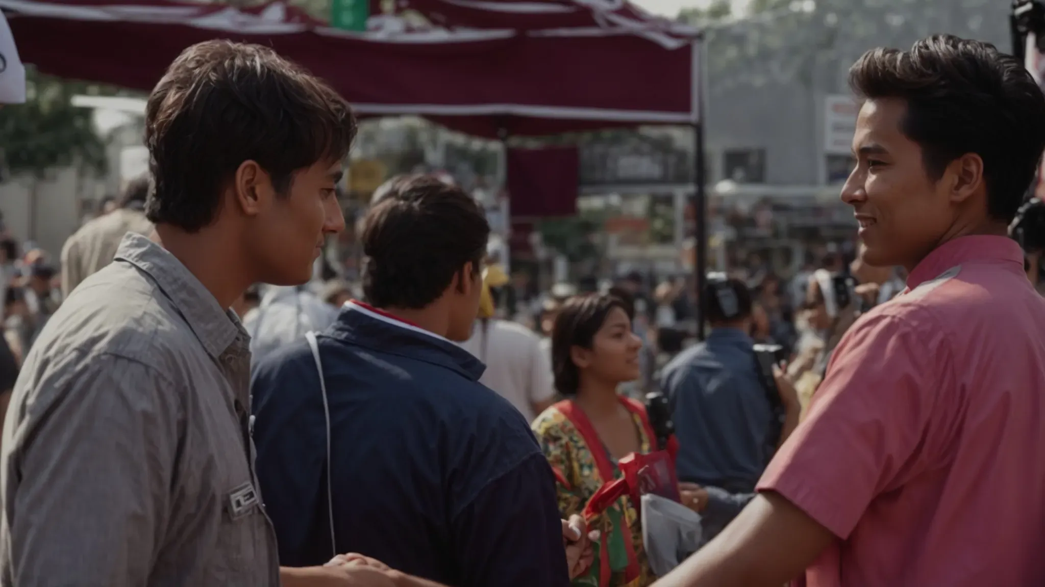 a filmmaker shakes hands with a distributor at a bustling film festival.