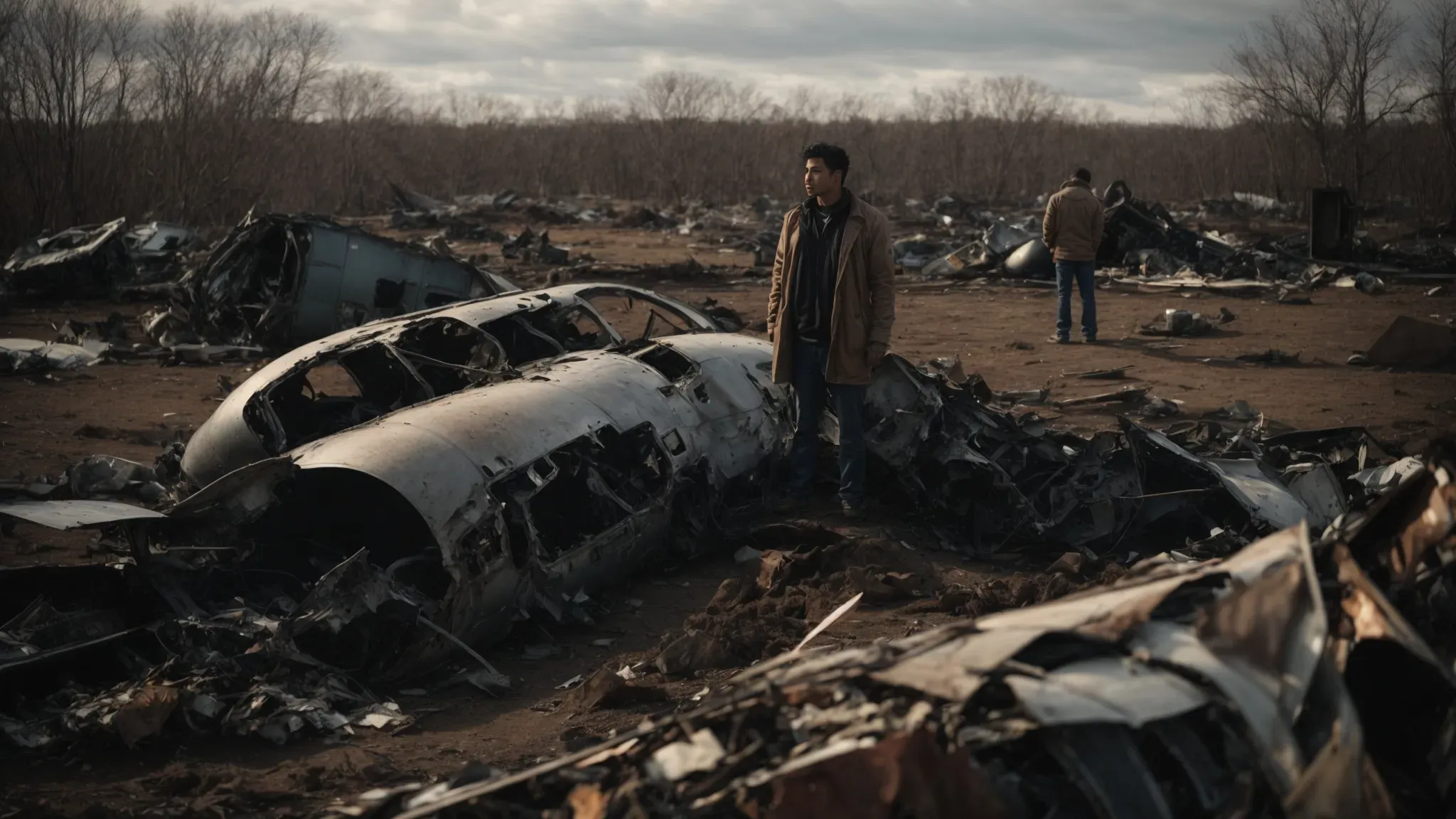 a man stands amid the wreckage of a crashed airplane, with a sense of chaos and disorientation that echoes the themes of tenet's time inversion.