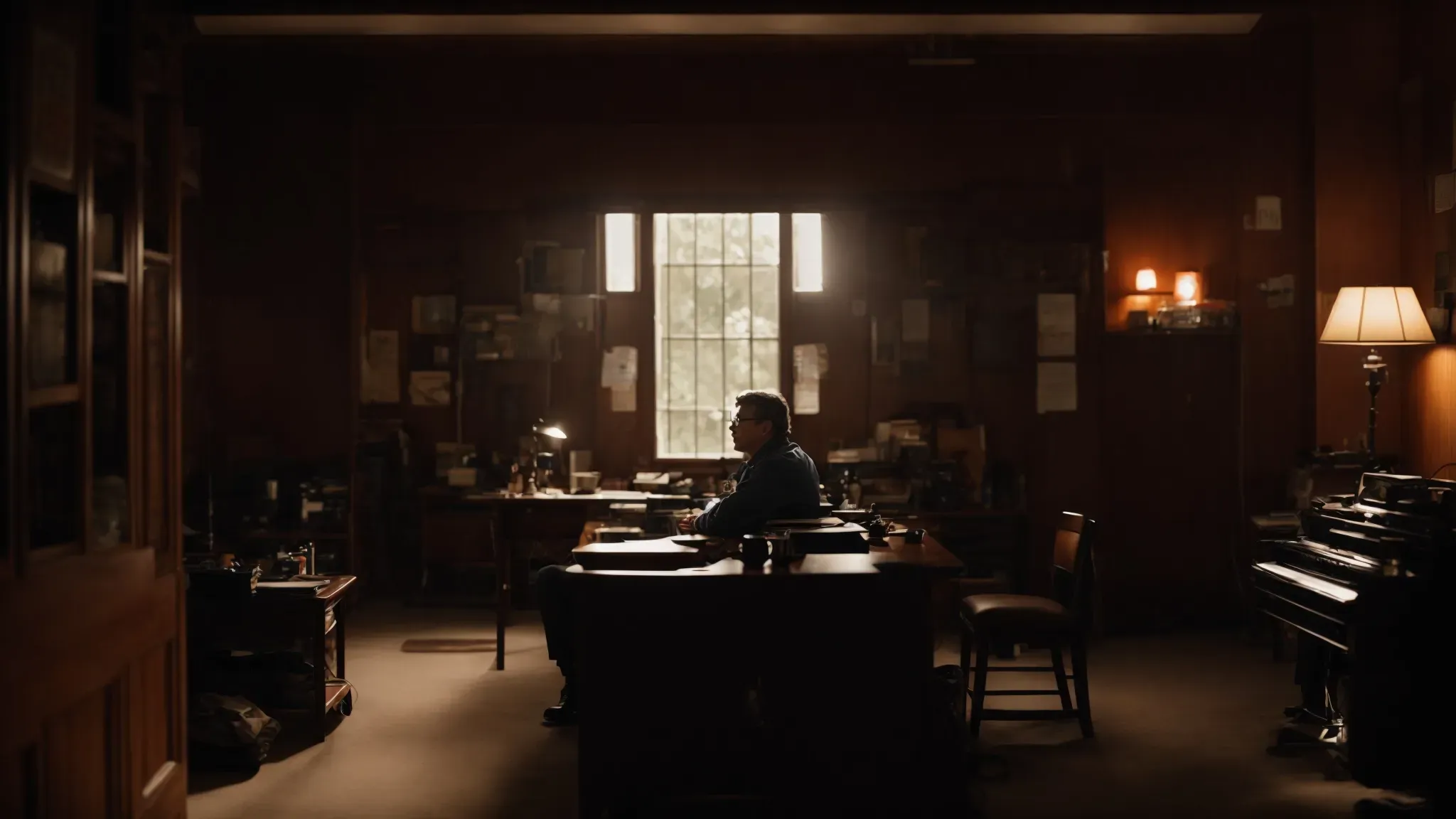 a dimly lit room where dr. malcolm crowe sits across from cole sear, both engulfed in a heavy, tense atmosphere.