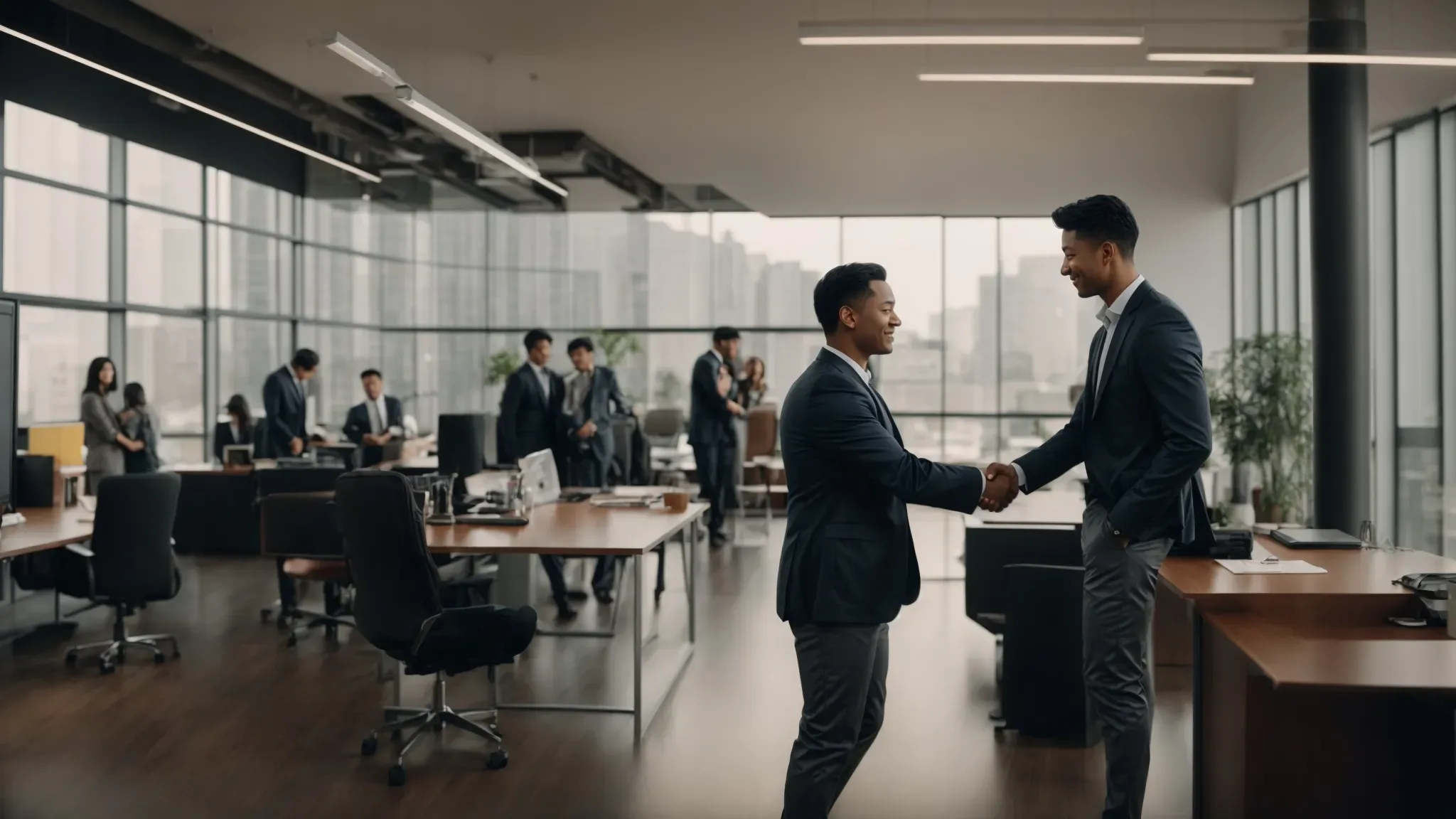 a filmmaker shakes hands with a netflix executive in a modern office, symbolizing the partnership for film distribution.