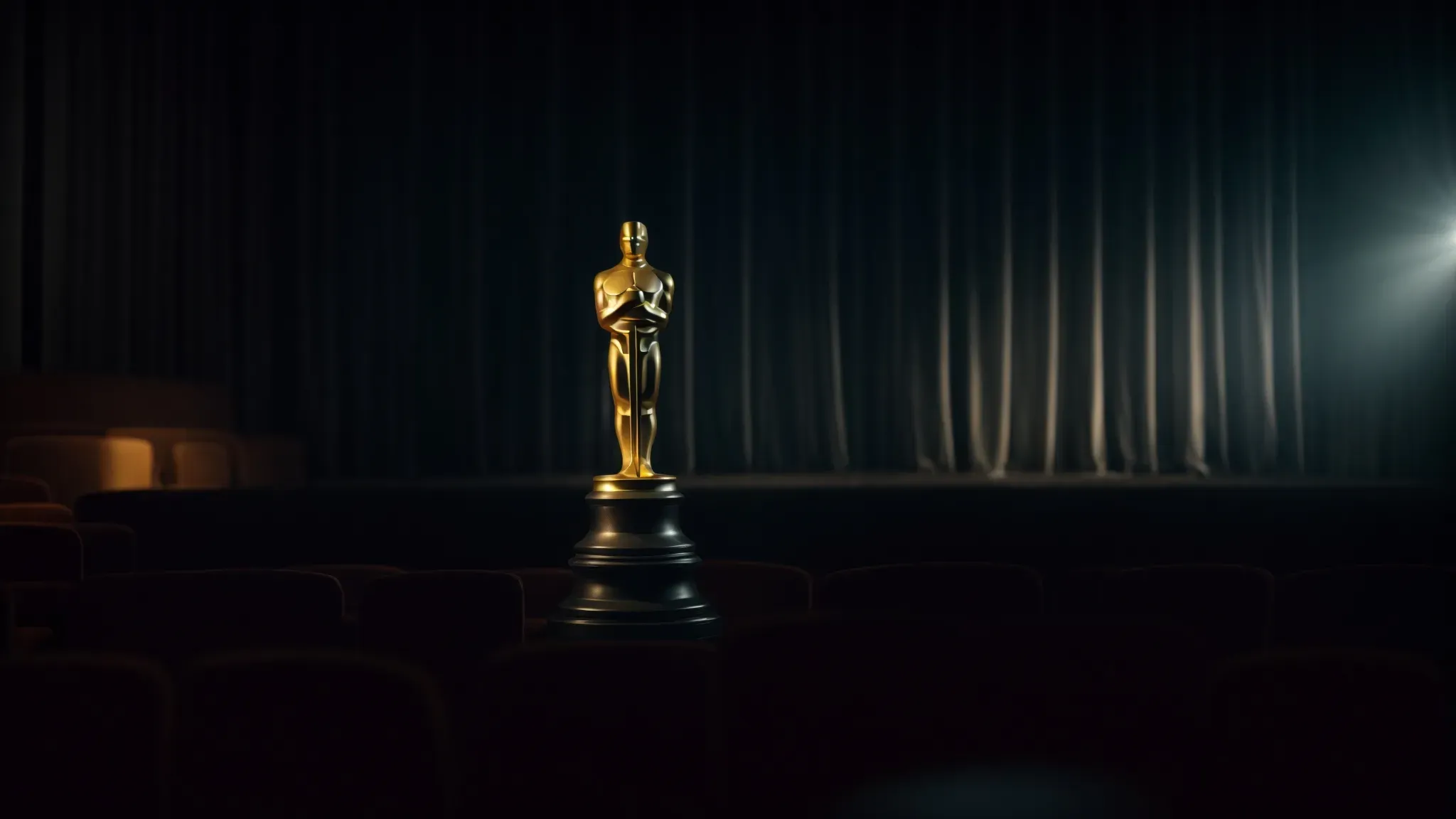 a spotlight illuminates an empty stage with a single oscar statuette, hinting at the future celebrations and recognition within the film industry.
