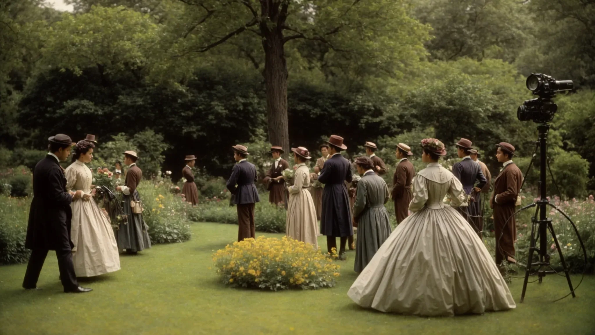 a 19th-century garden with individuals gathered, likely engaging in casual social interactions, while a figure operates an early motion picture camera.