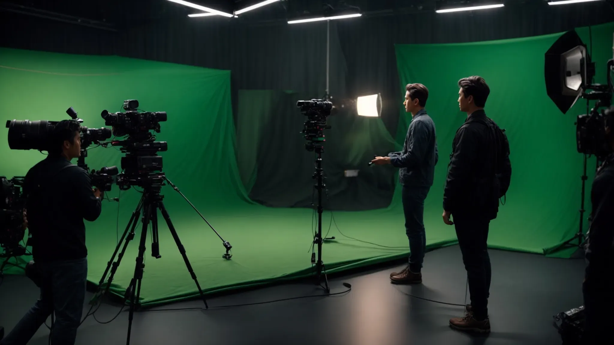 a filmmaker guides an actor through a scene surrounded by green screens, illustrating the blend of live-action and planned visual effects.