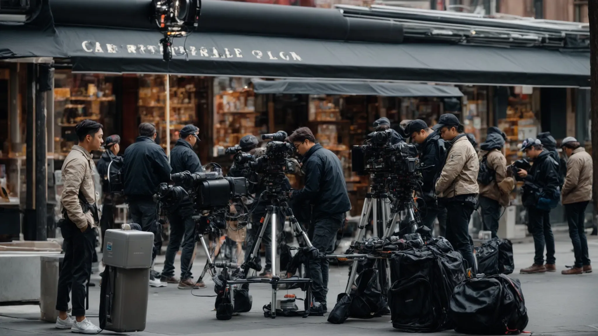 a film crew preparing equipment on a bustling urban street, poised for the day's shoot.