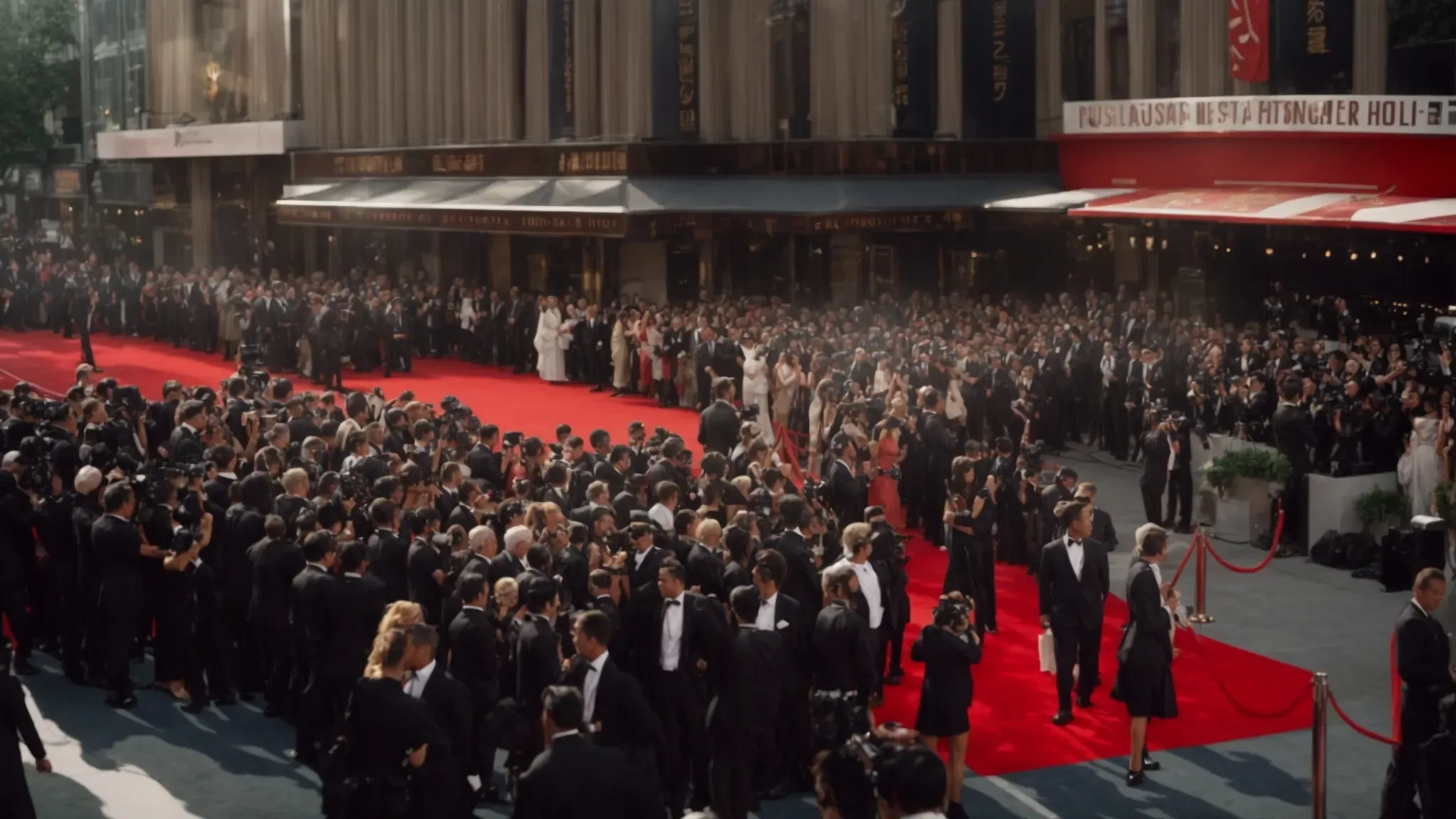 a bustling red carpet event with celebrities, flashing cameras, and a large movie poster in the background.