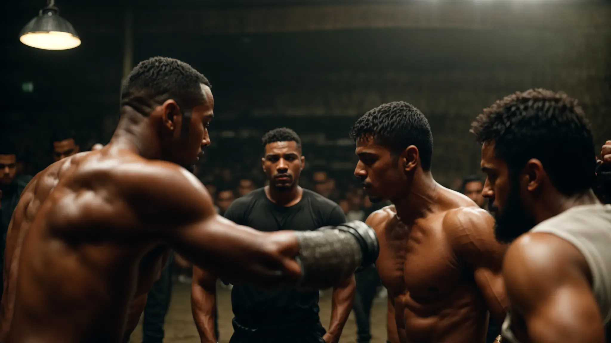 a dimly lit underground fight club with two men standing ready to engage in a bare-knuckle brawl, surrounded by a circle of eager onlookers.