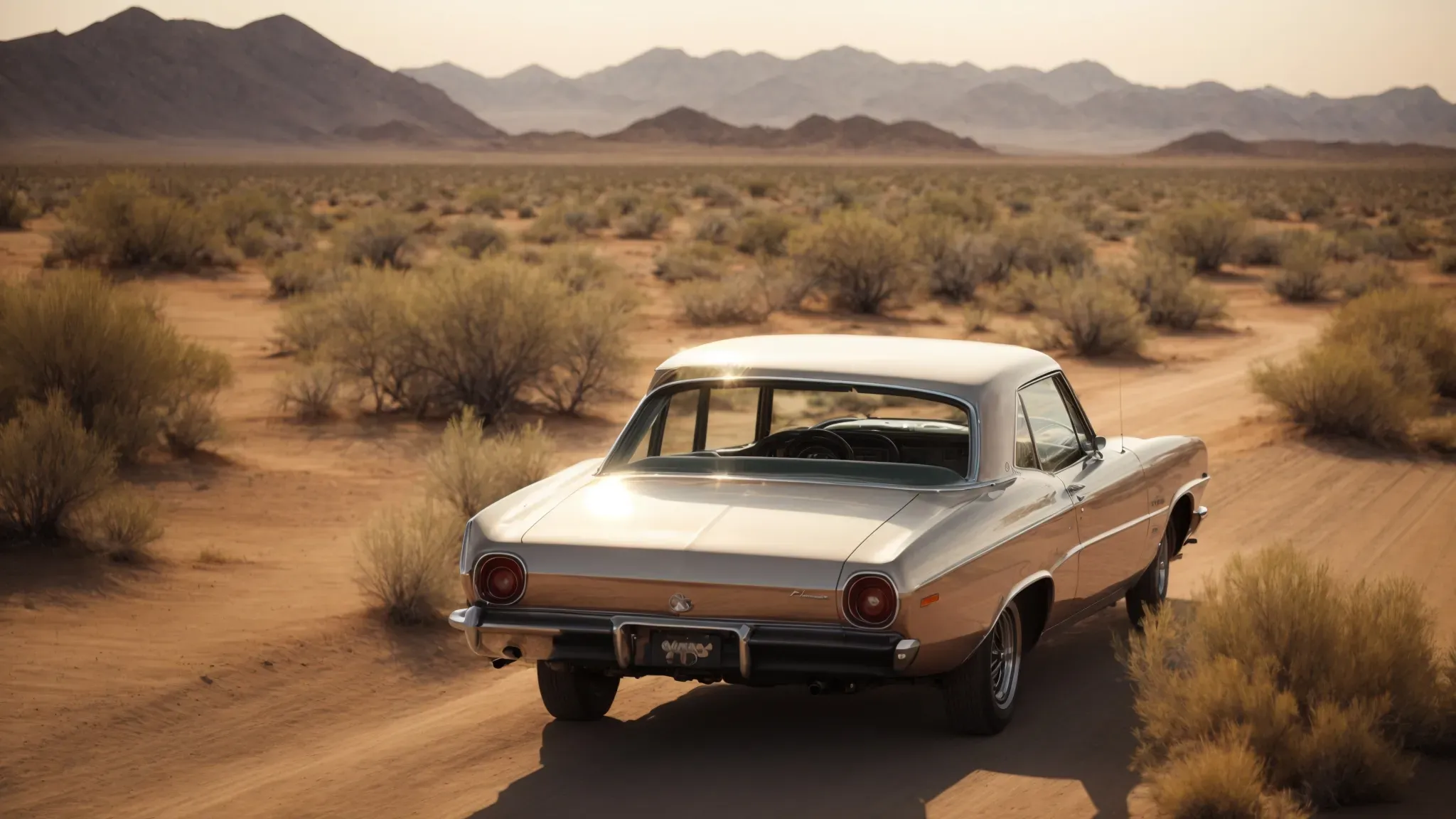 a car speeds across the vast, sun-baked desert, encapsulating the wild essence of a journey through the heart of american counterculture.