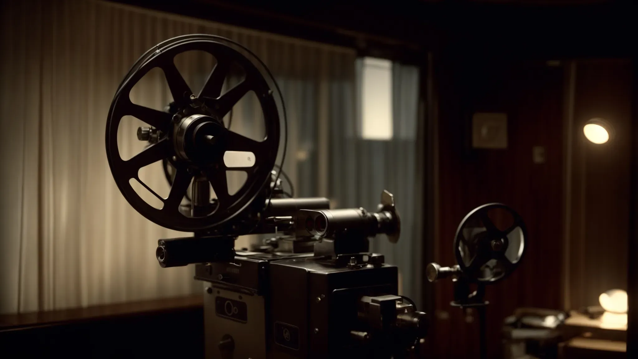 a vintage film projector illuminates a screen with a scene from a french new wave film in a dimly lit room.