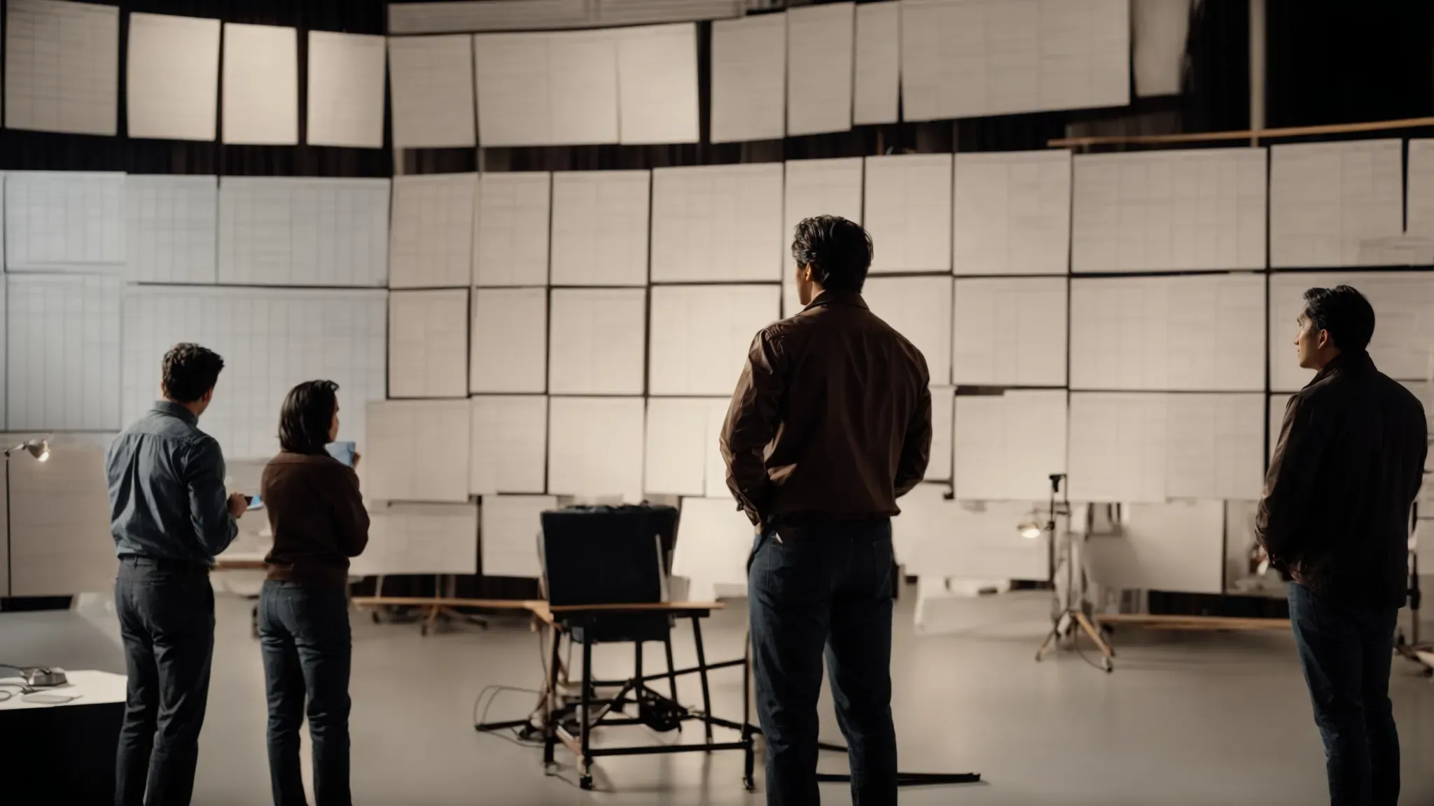 a director stands before a storyboard, deeply engaged in discussion with the film crew gathered around in a studio, illustrating the collaborative process of storytelling.
