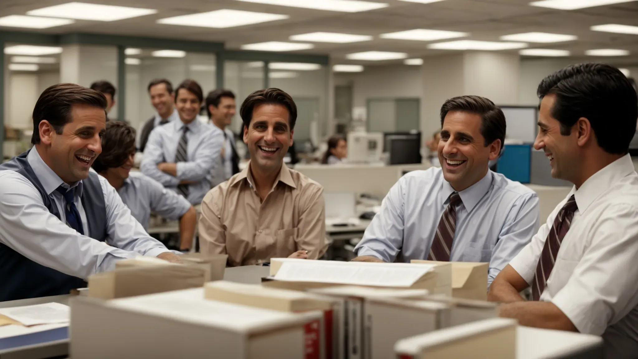 a scene of michael scott standing amidst a small group of his employees, sharing a laugh in an office environment devoid of the usual corporate sterility.