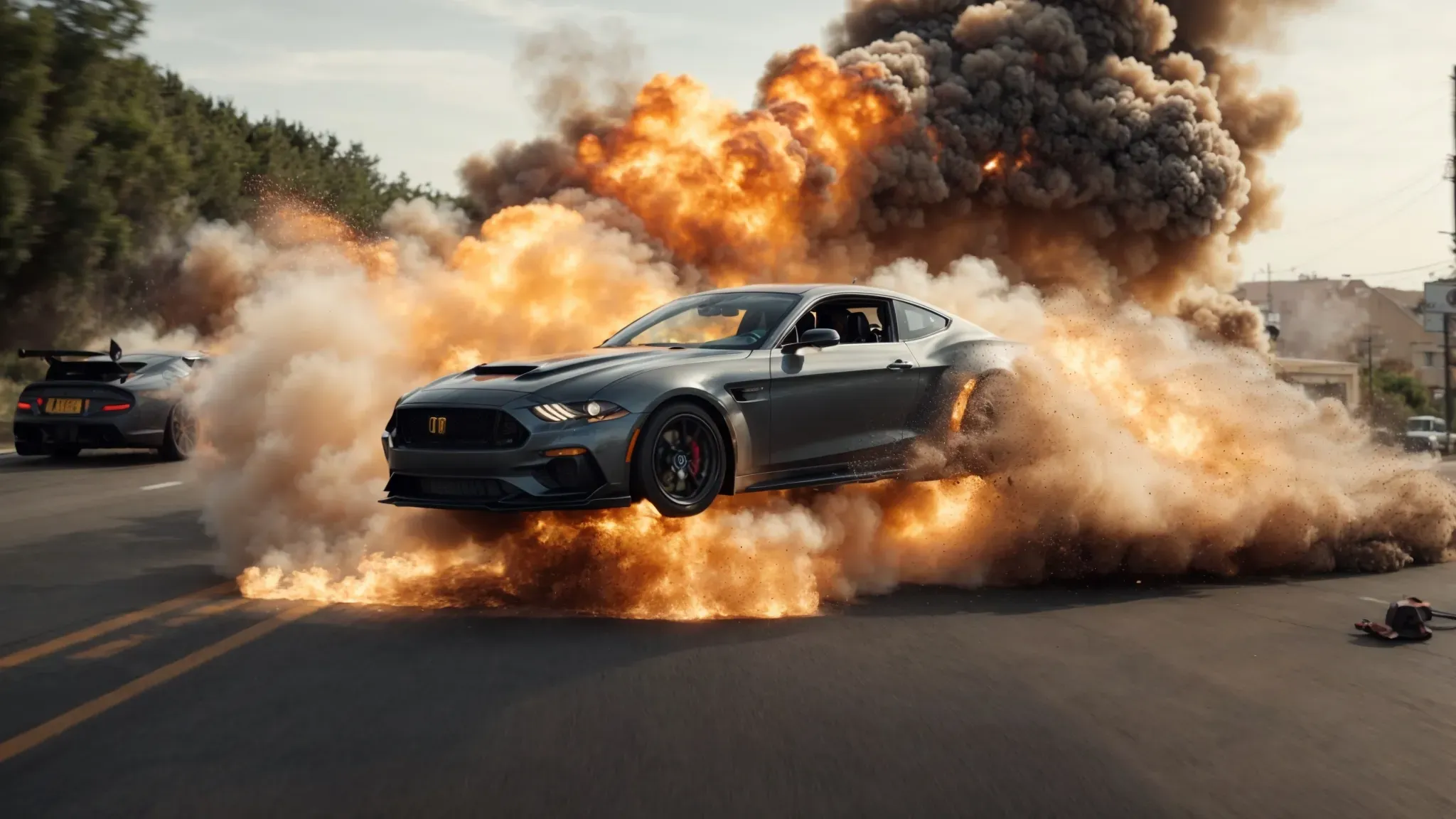 a camera rapidly pans over a high-octane car chase, integrating seamless cgi explosions with real-life action, engulfing the viewer in an electrifying cinematic experience.
