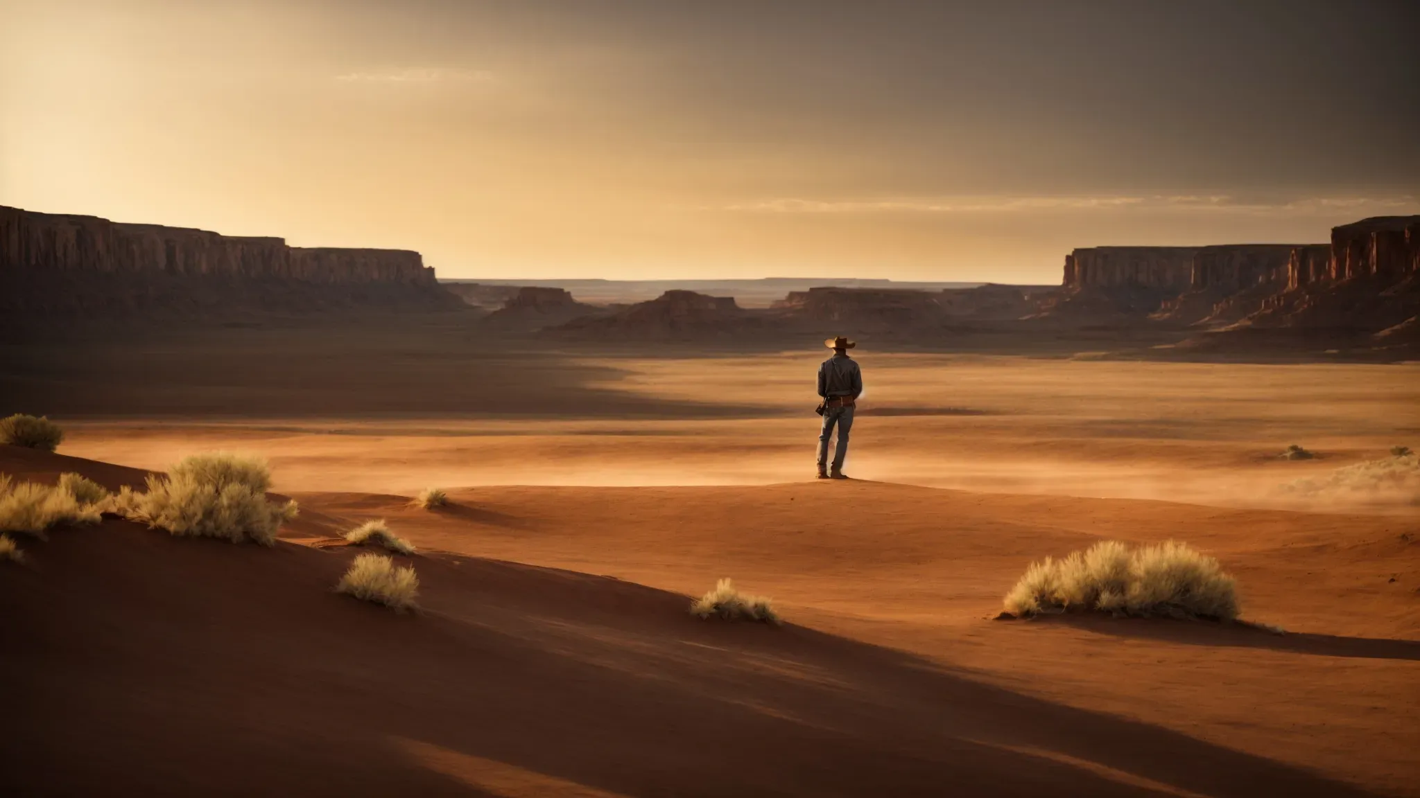 a lone cowboy stands at the edge of a vast, arid landscape, the setting sun casting long shadows.