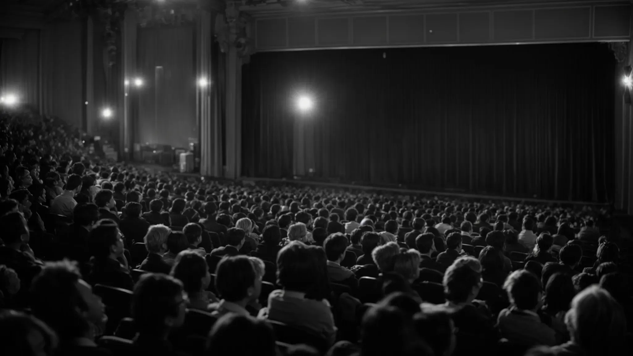 a black and white image showcasing an audience in an old cinema, enthralled by a silent film projection on the big screen.