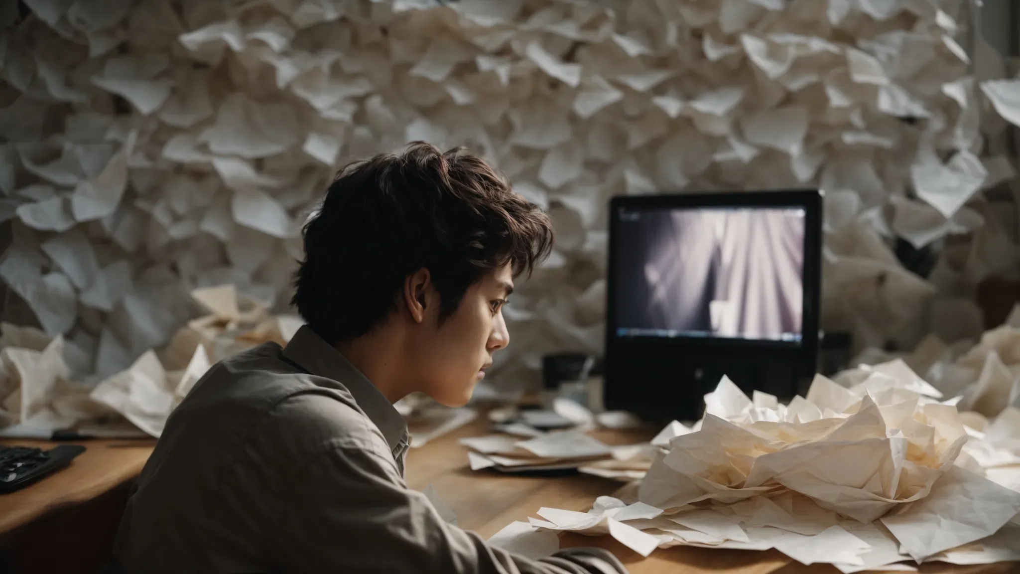 a frustrated individual sat in front of a desktop computer, surrounded by crumpled papers and a flickering download progress bar on the screen.