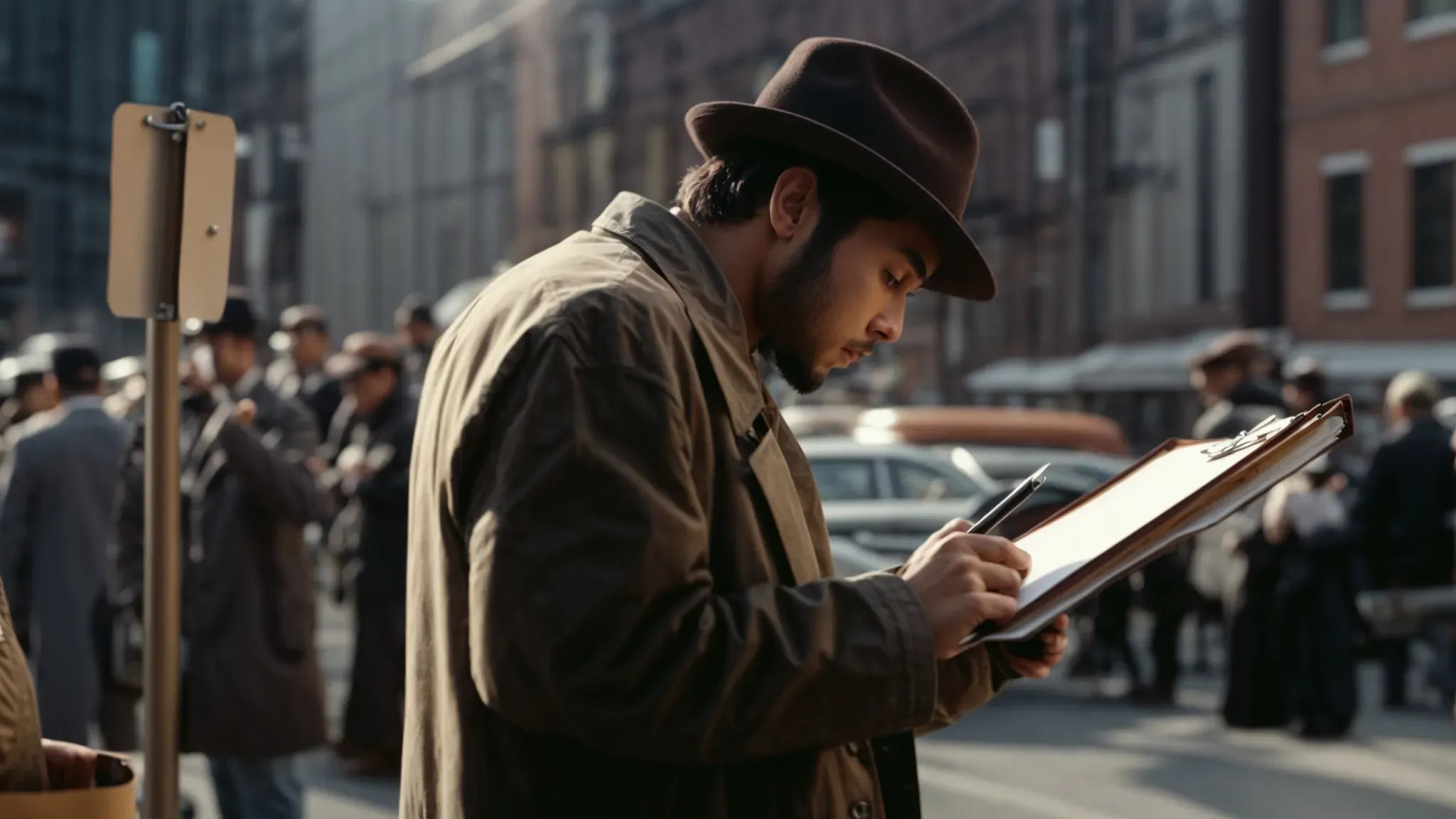 a director intently reviews a clipboard while framing a scene with their fingers, against the backdrop of a bustling film set.