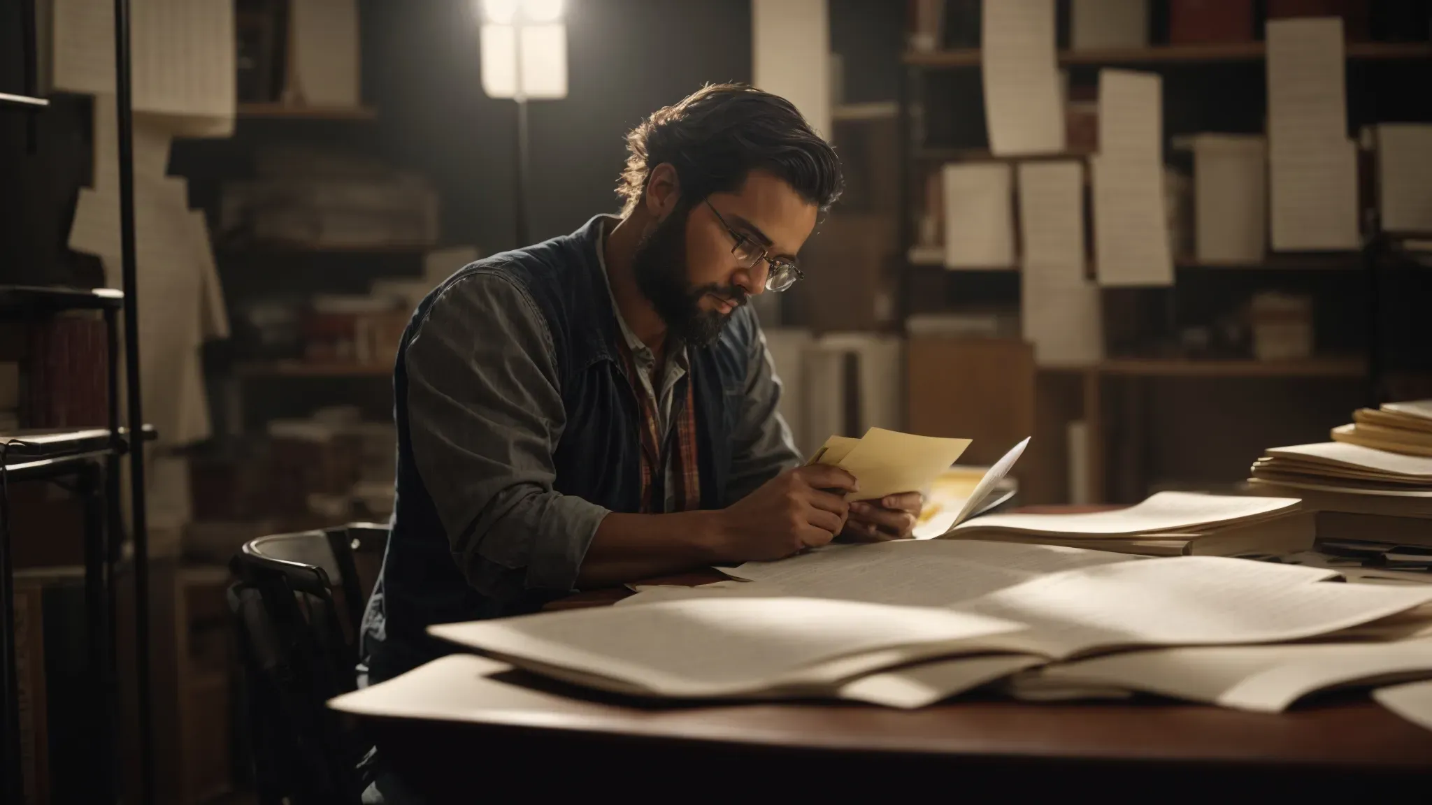 an actor studies a script intensely in a rehearsal room, surrounded by props and costumes that mark the transition into a new character.