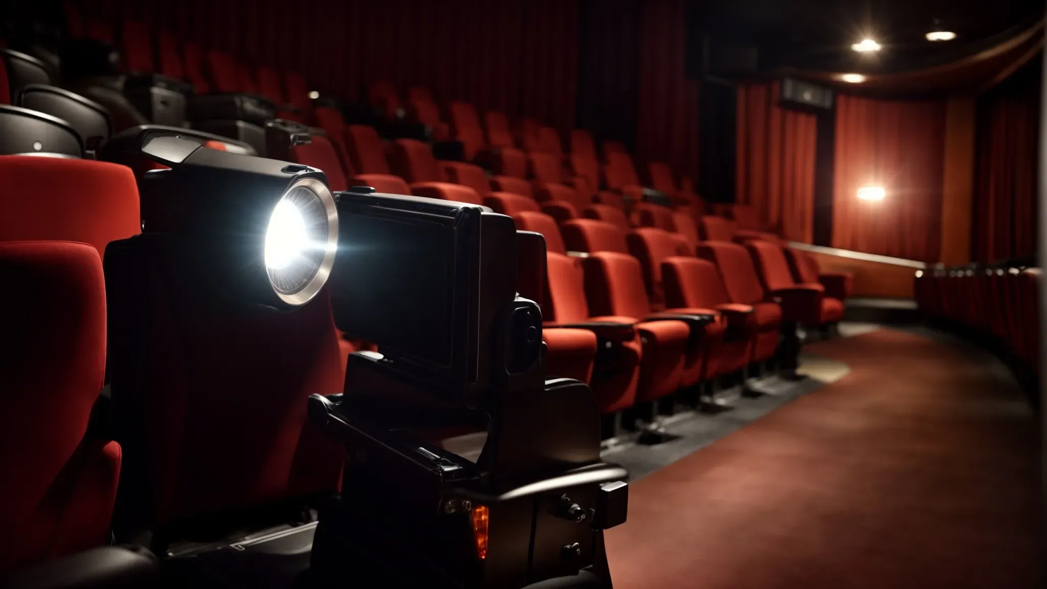 a spotlight illuminates an empty vintage cinema seat with a vivid, action-packed movie scene projected on the screen ahead.
