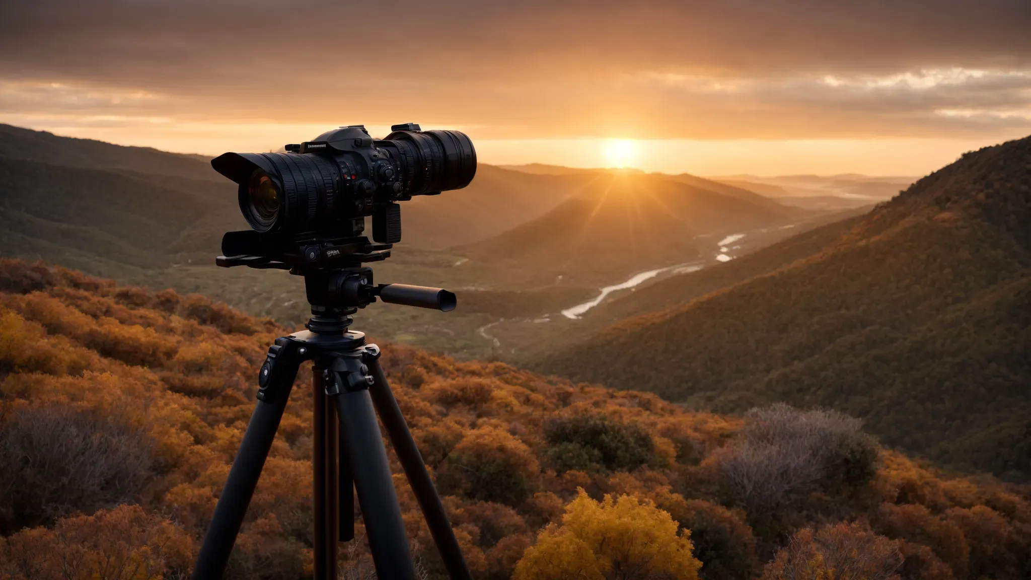 a camera on a tripod overlooks a breathtaking landscape at sunrise, highlighting the potential of a new photography venture.
