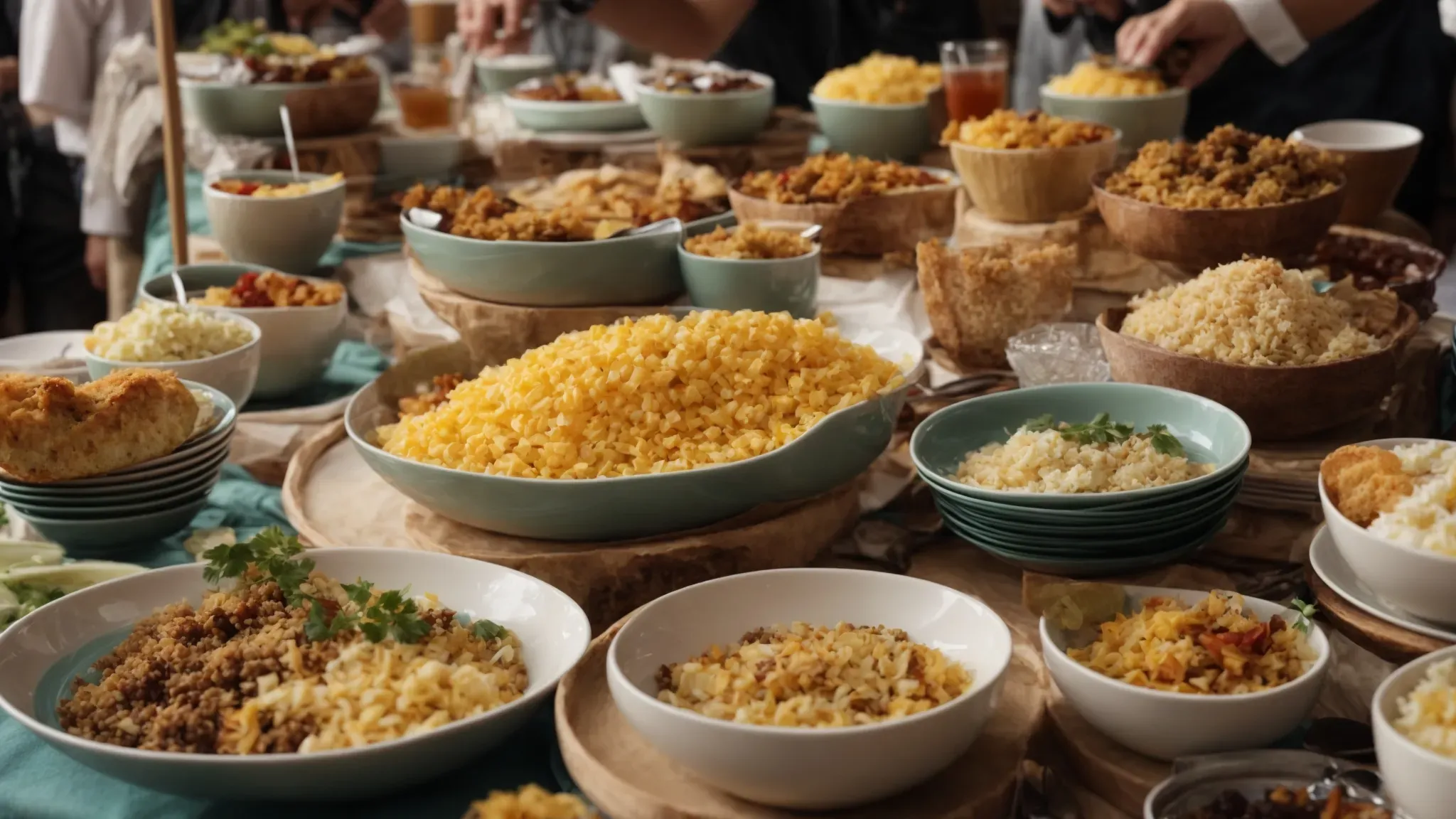 a bustling craft services table laden with an assortment of food and beverages, serving a bustling film crew.