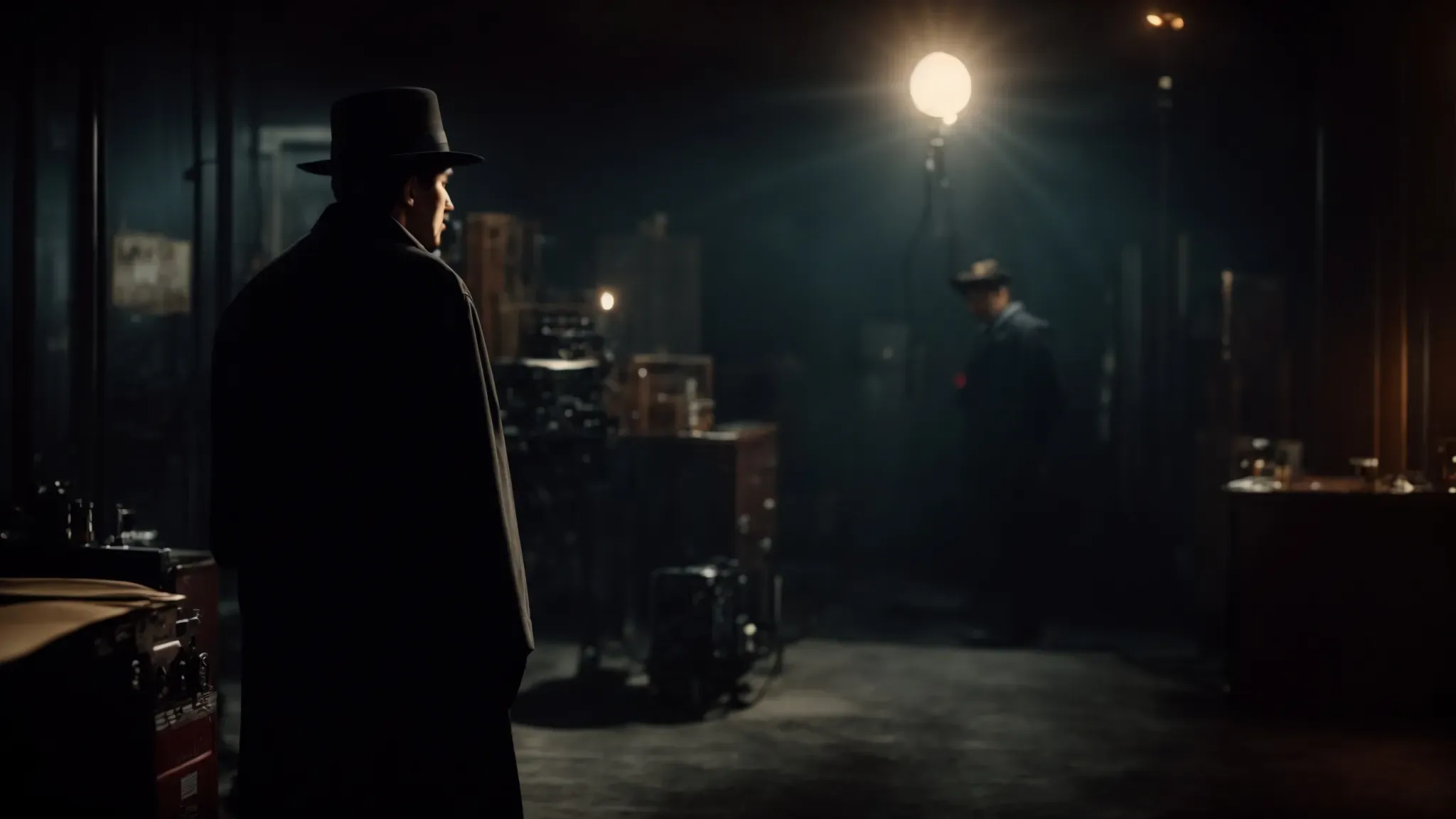 a shadowy figure looms over a dimly lit, vintage film set, embodying the evolution of cinema's darker characters.