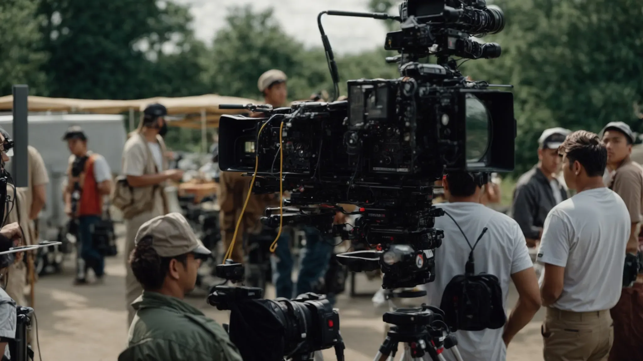 a film director oversees a crew on a bustling movie set, symbolizing the coordination and guidance toward project goals.