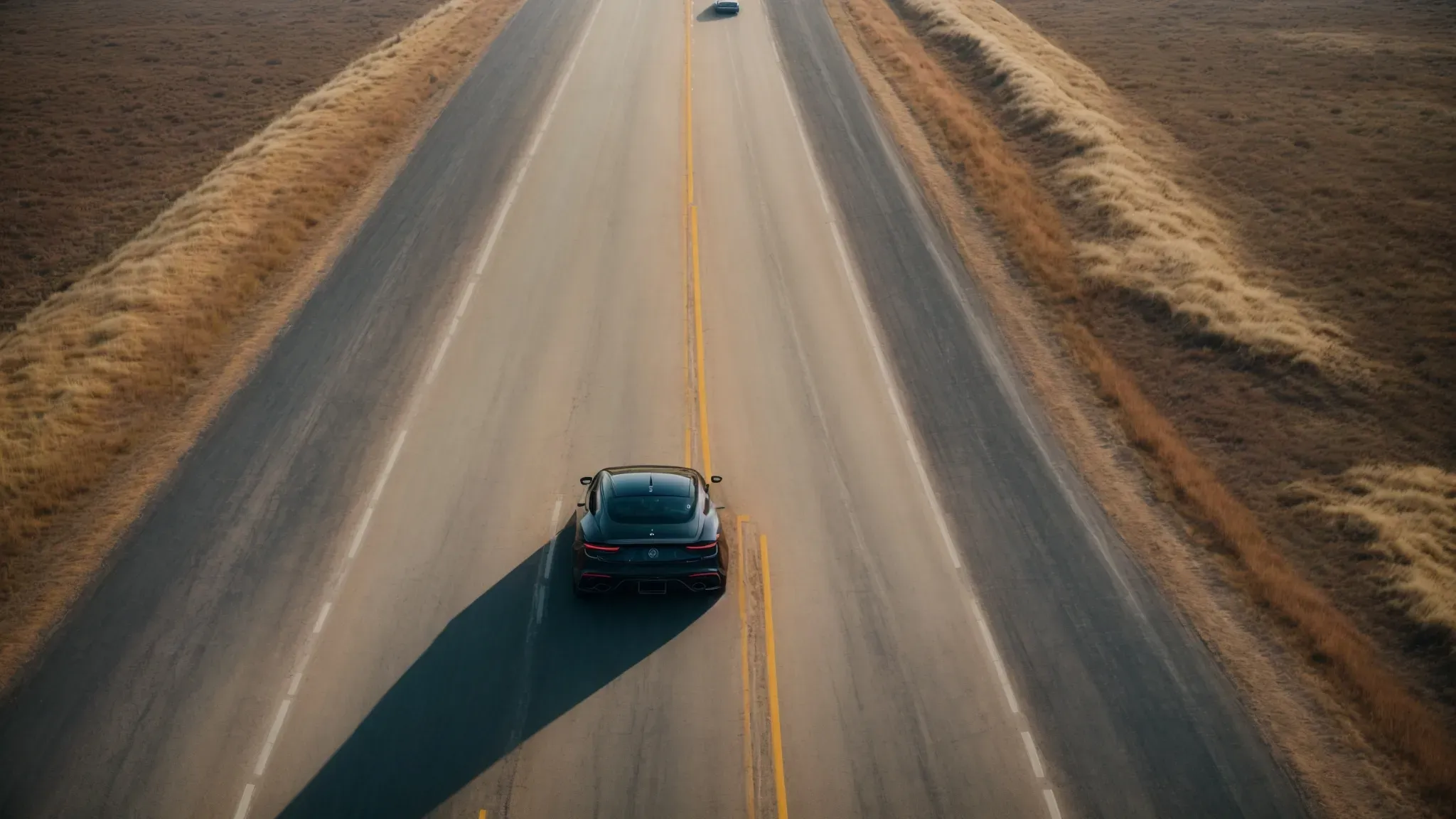 a director intently observes a sleek car speeding down an open road as a drone captures the scene from above.