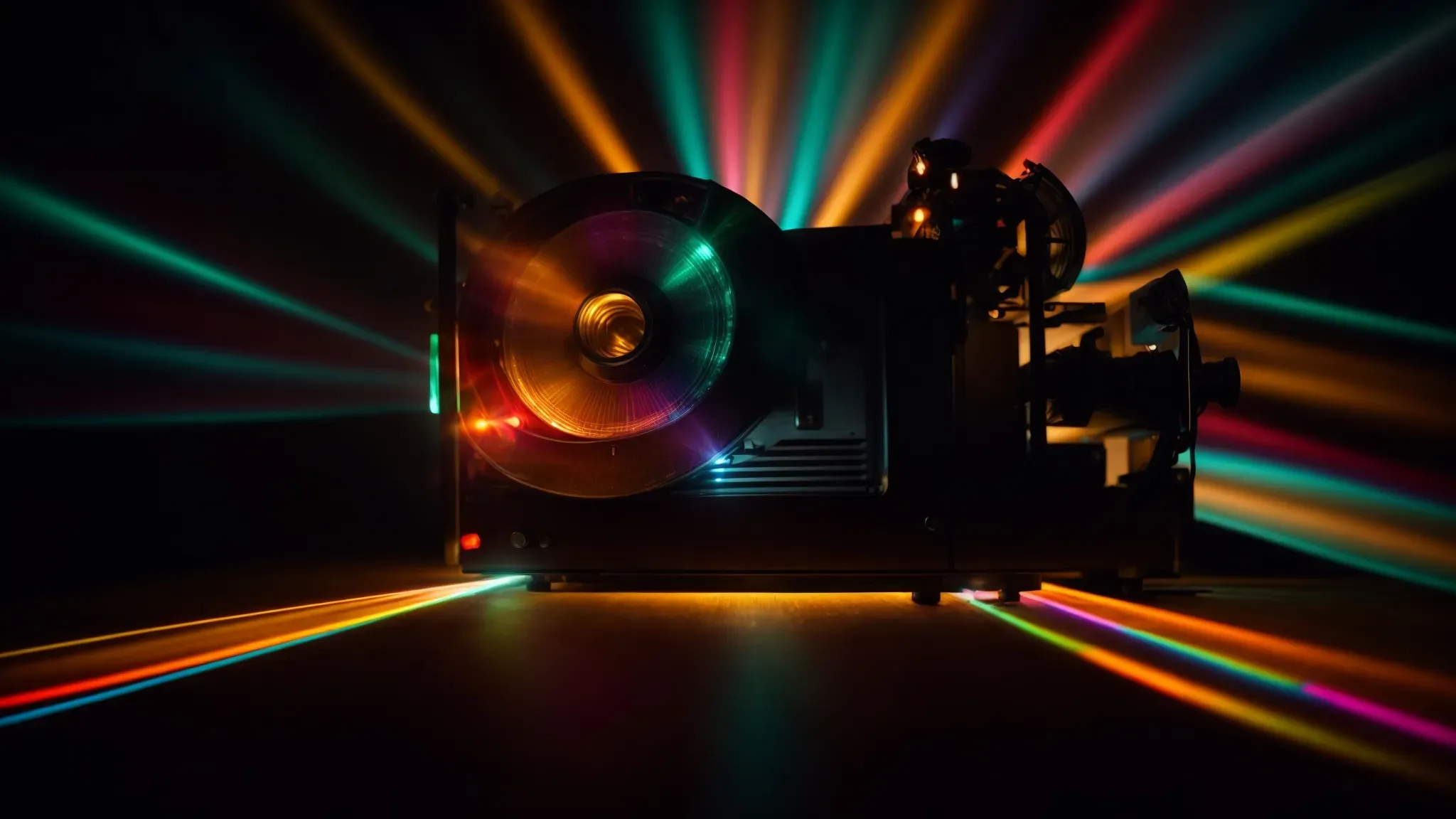 a vintage projector casts rays of vibrant, multicolored light against a dark room, illuminating the faces of captivated moviegoers.