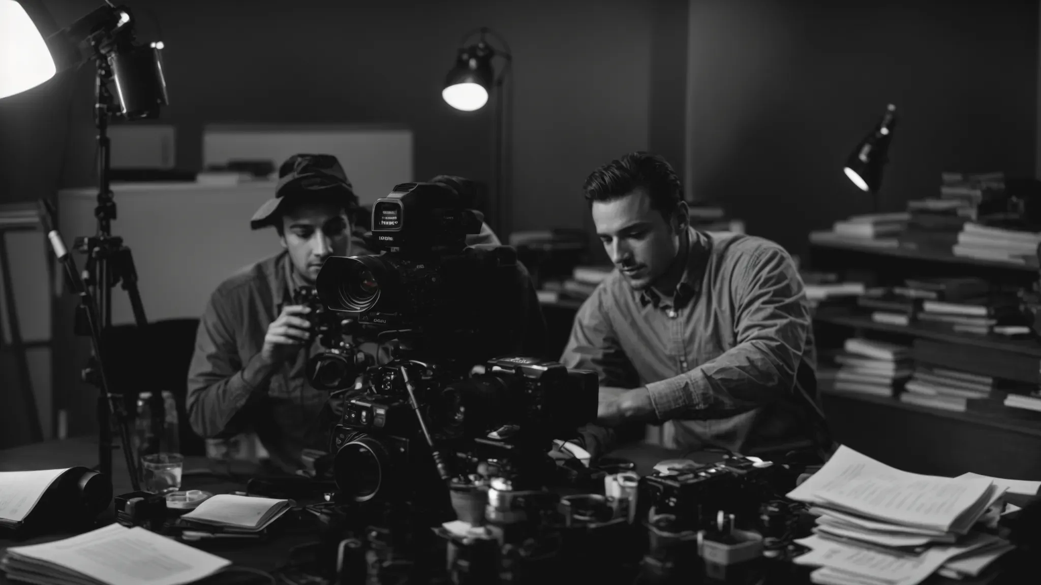 a filmmaker and producer are discussing over a table scattered with scripts, a laptop, and a camera in the background.